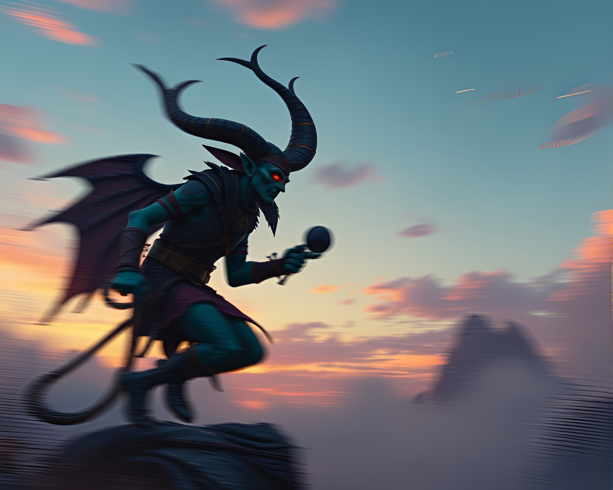 Steampunk Djinn Riding Pan Motion Sunrise – free AI stock image