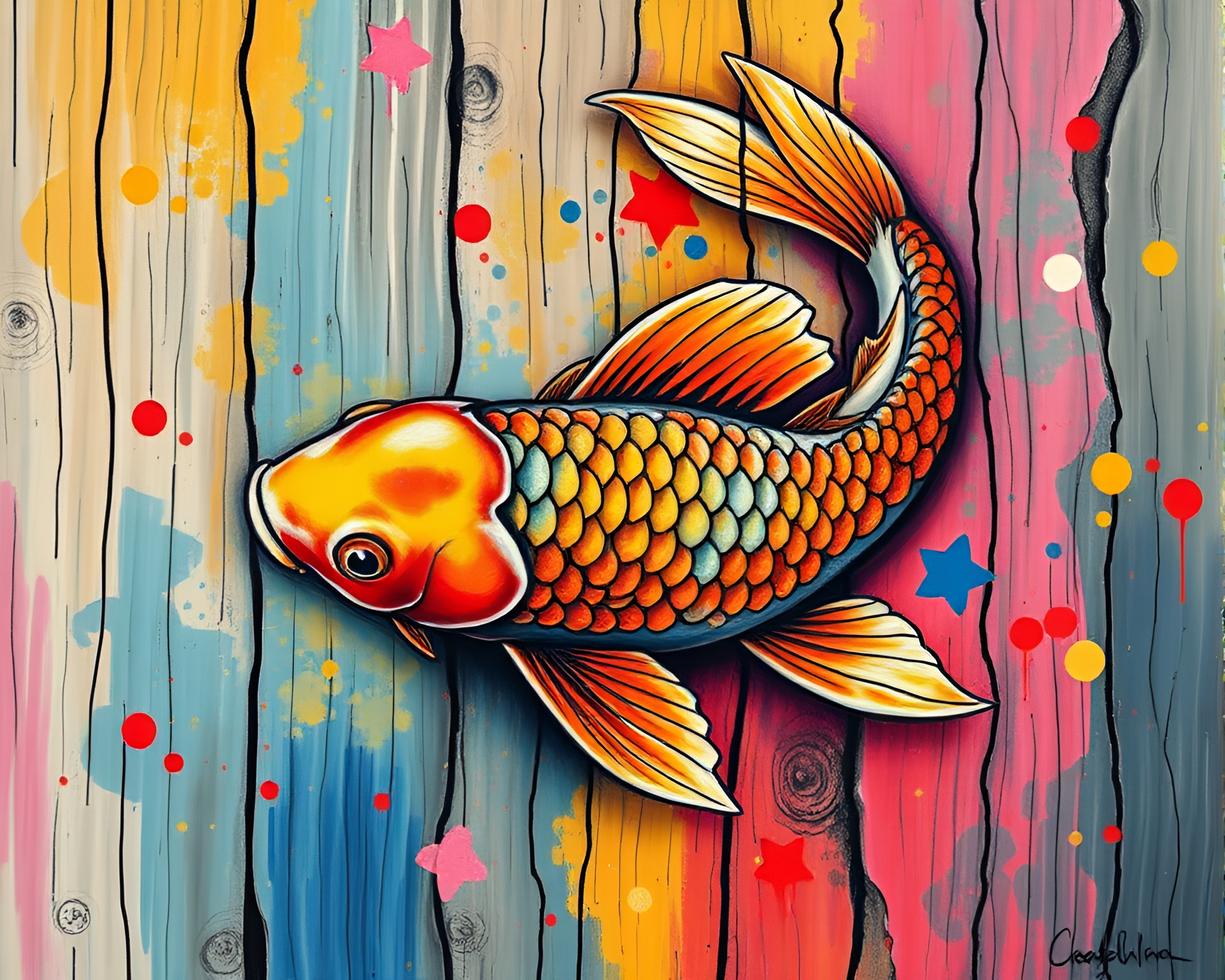 Enchanting Wood Grain with Pastel Koi Fish Graffiti – free AI stock image