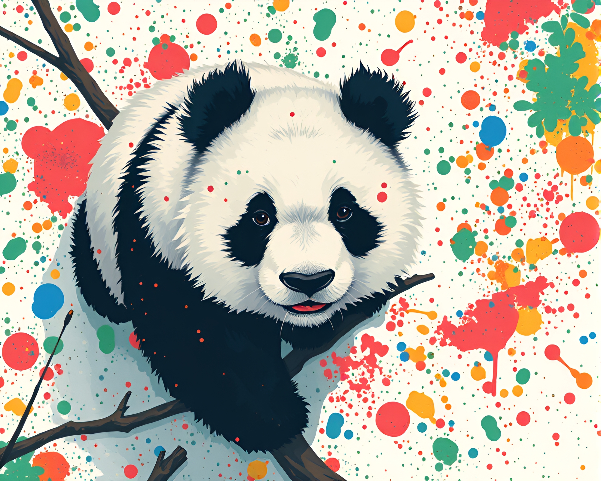 Pixelated Panda in Vibrant Paint Splatter Cityscape – free AI stock image