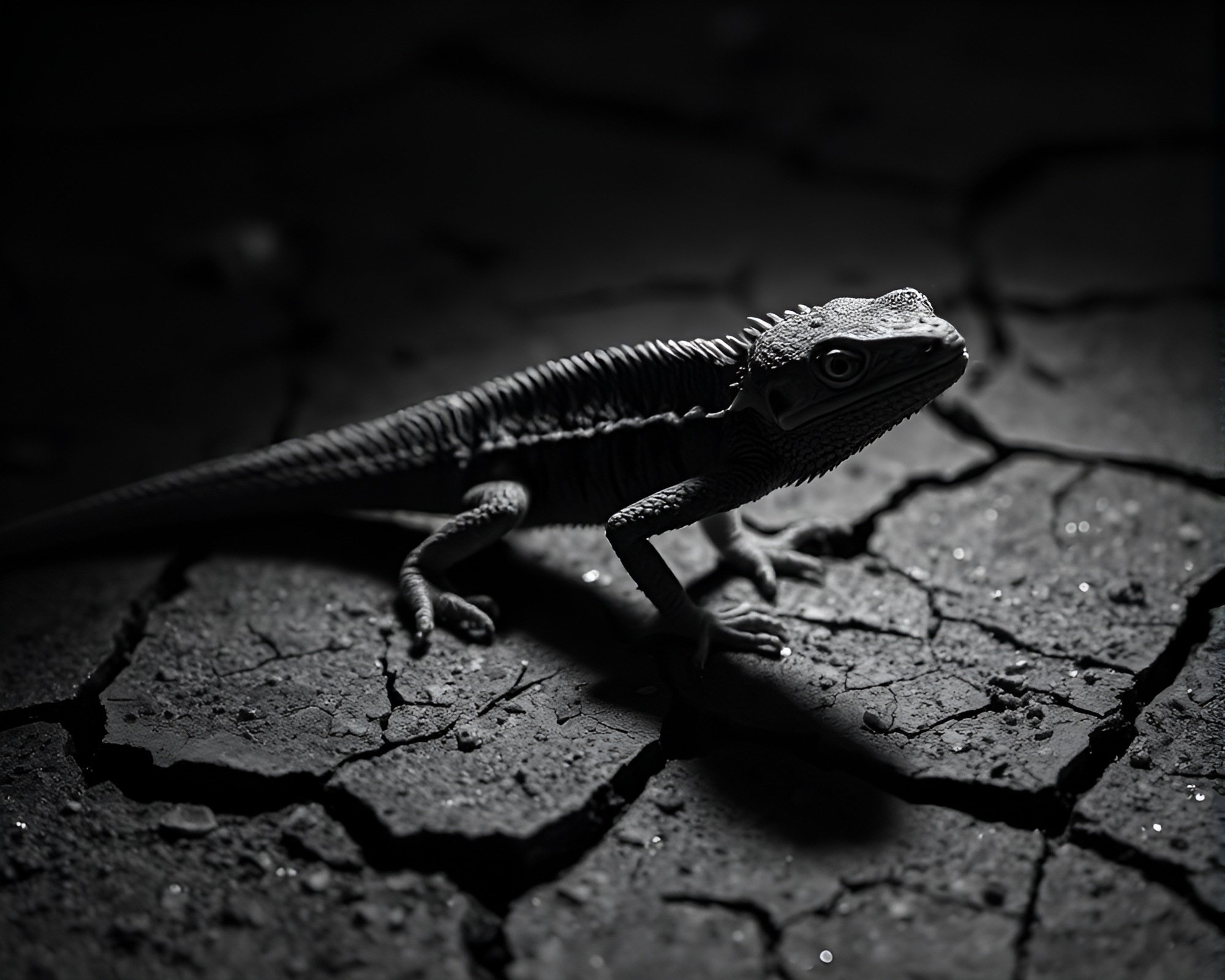 Cracked Earth Chameleon in Monochrome Spotlight – free AI stock image