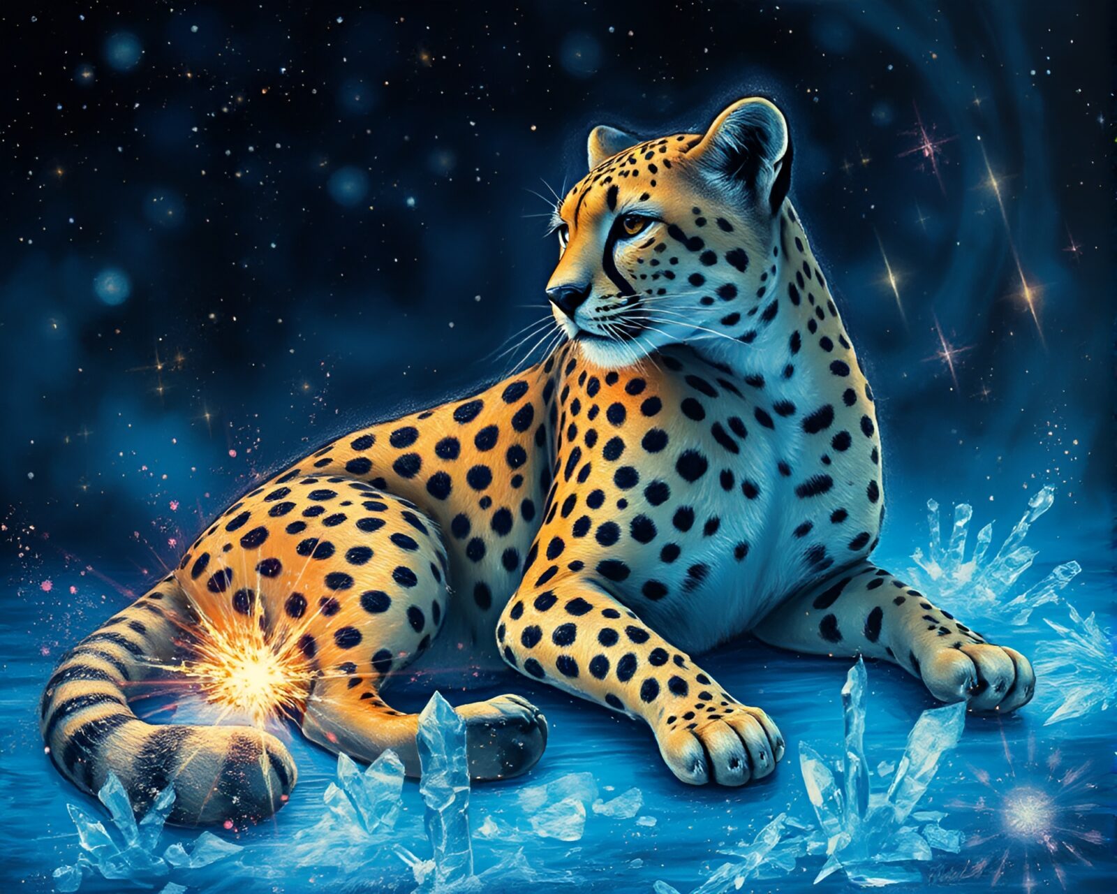 Enchanting sgraffito style cheetah in magical ice crystals