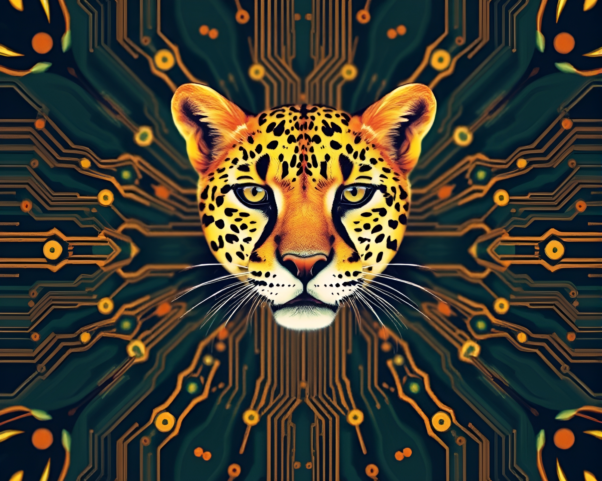 Cheetah-themed Circuit Board with Kaleidoscope Effect – free AI stock image