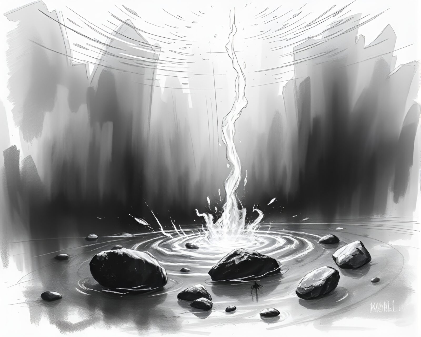 Wide shot drawing of mystical submersible glowing underwater.