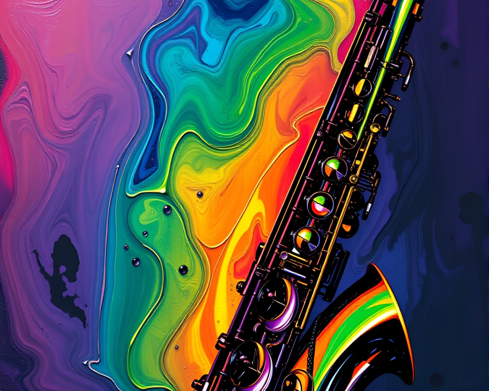 Colorful saxophonist in cel shaded rainbow oil slick setting
