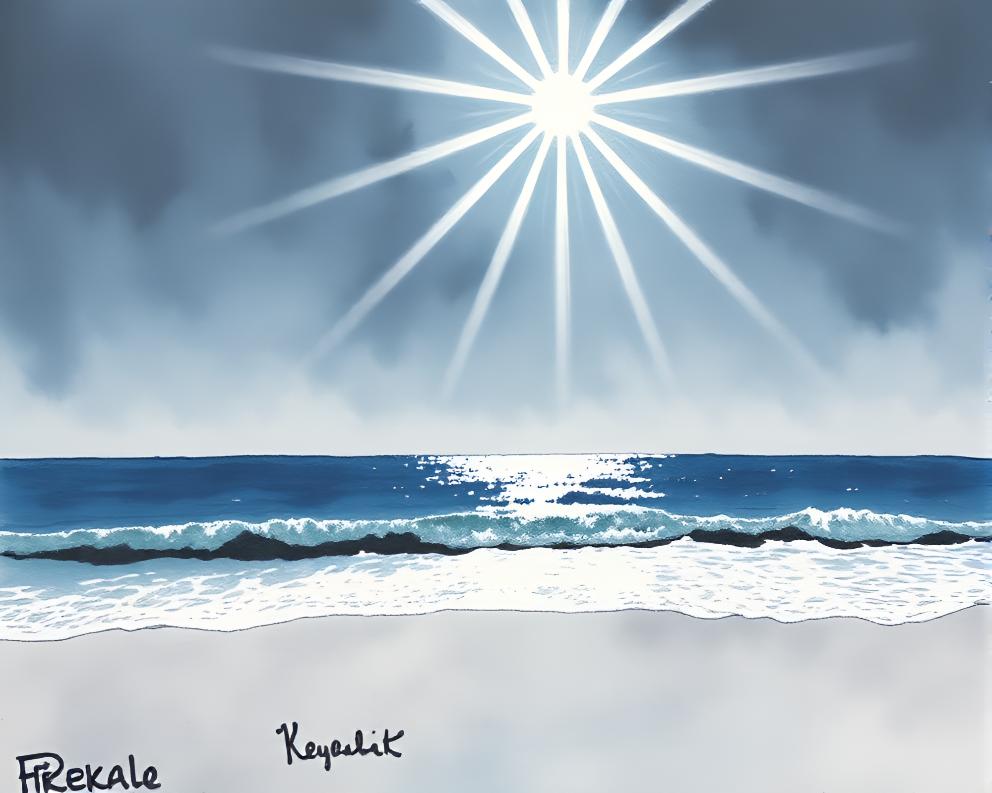 Beadwork Shoreline: Lens Flare Burst Ink Wash Art – free AI stock image