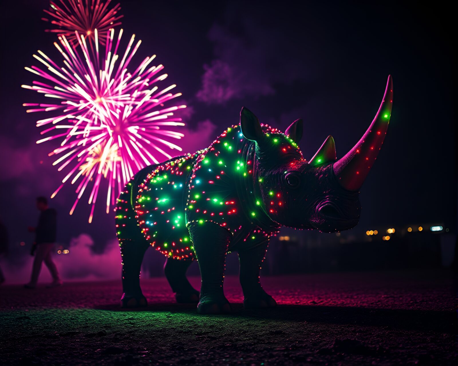 Glowing rhinoceros among festival fireworks in ultraviolet style