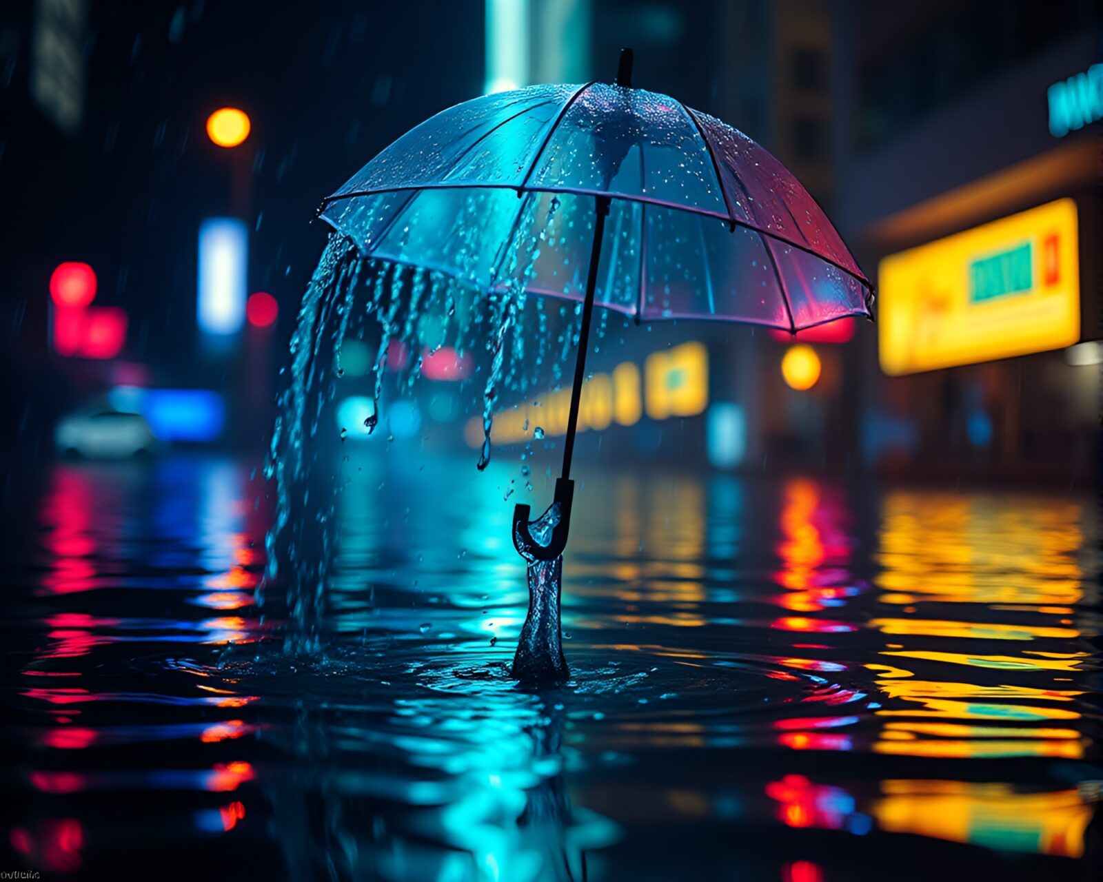 Glowing umbrella submerged in hatching style water with CRT flicker