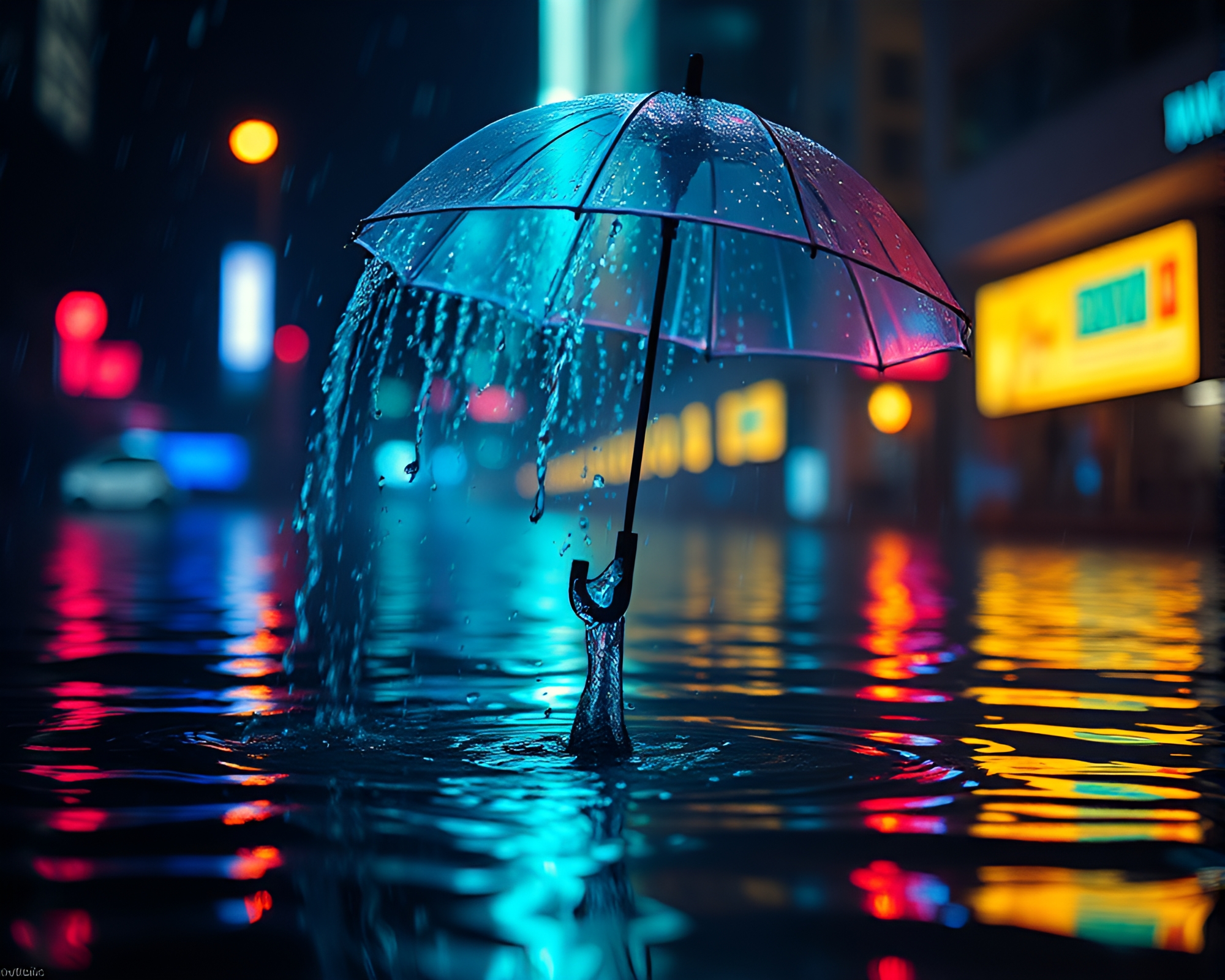 Neon-lit umbrella under water distortion – free AI stock image