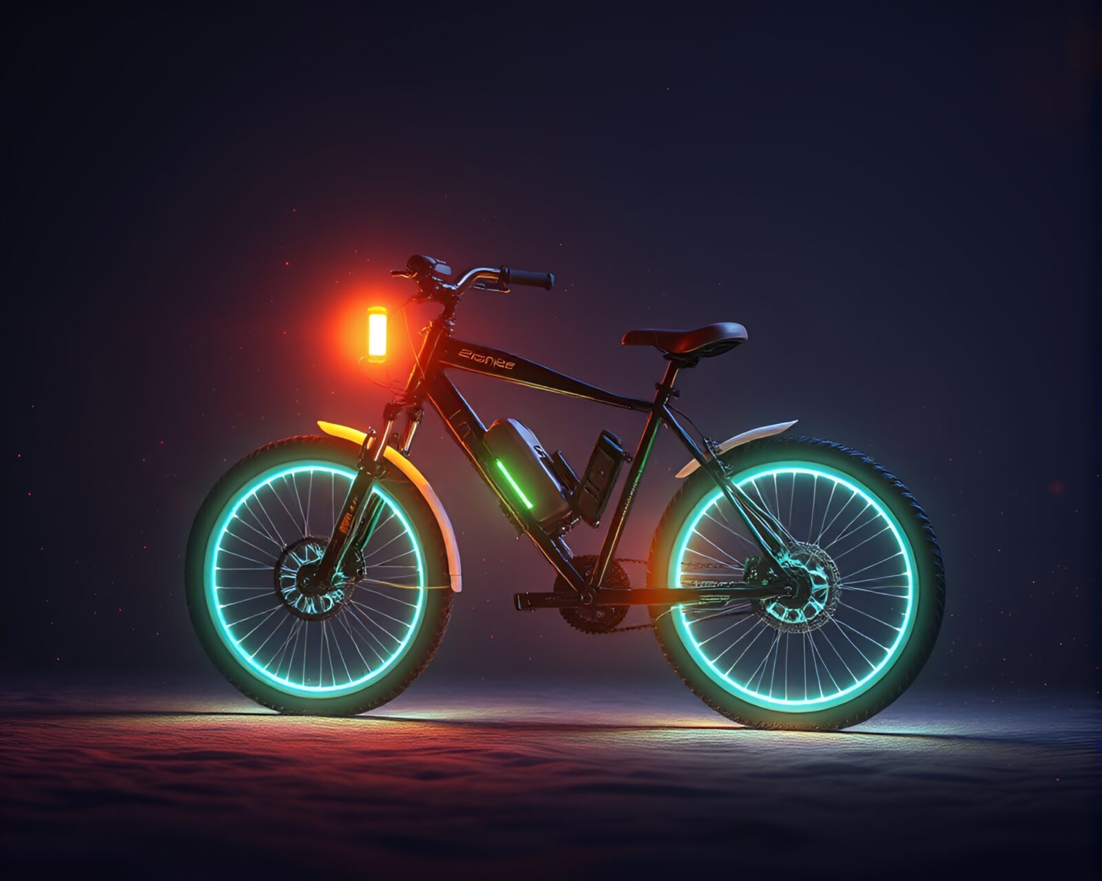 Low-poly 3D render of solar-powered bike surrounded by fiber optics in cosmic dust palette