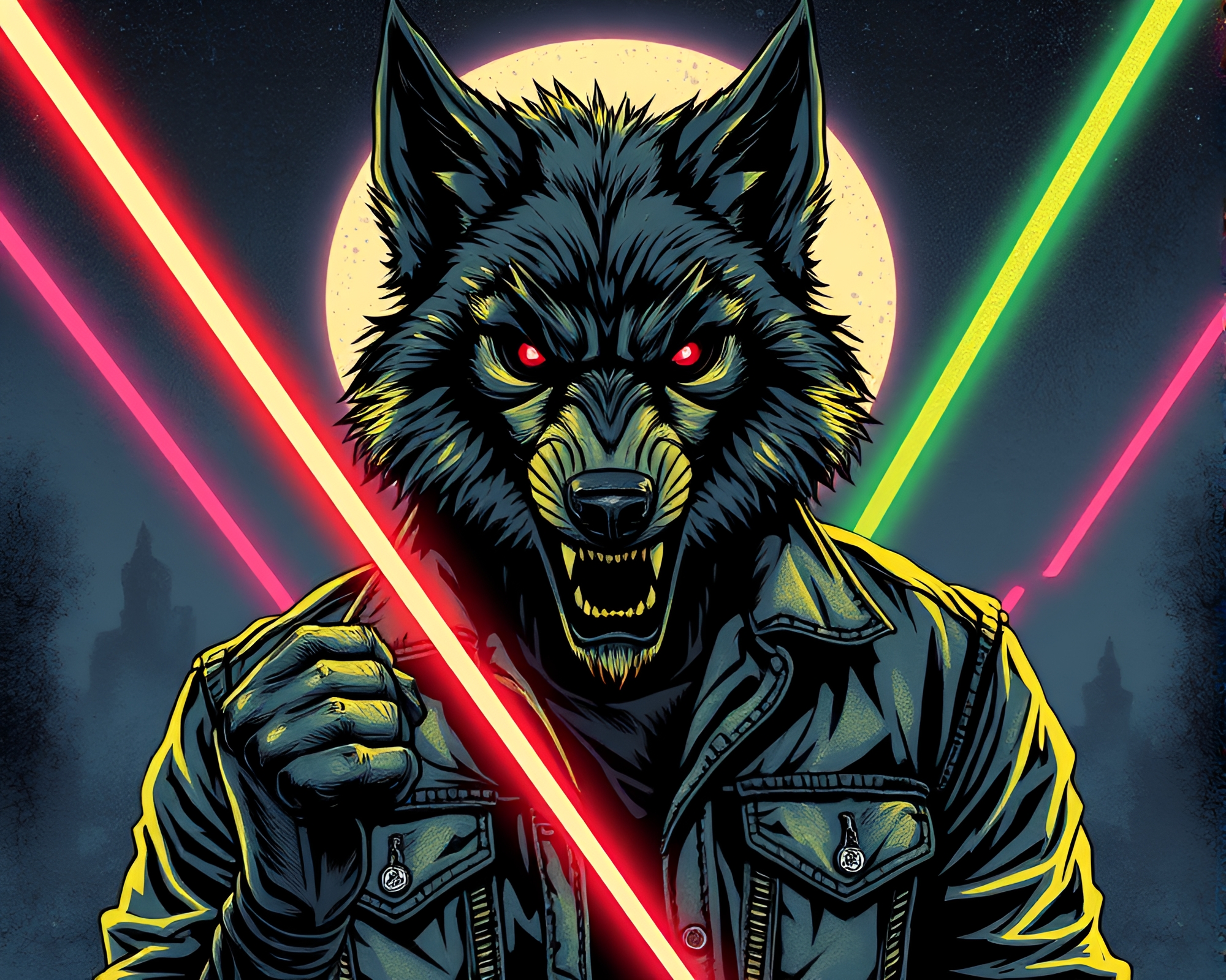 Cyberpunk Werewolf in Laser Beam Showdown – free AI stock image