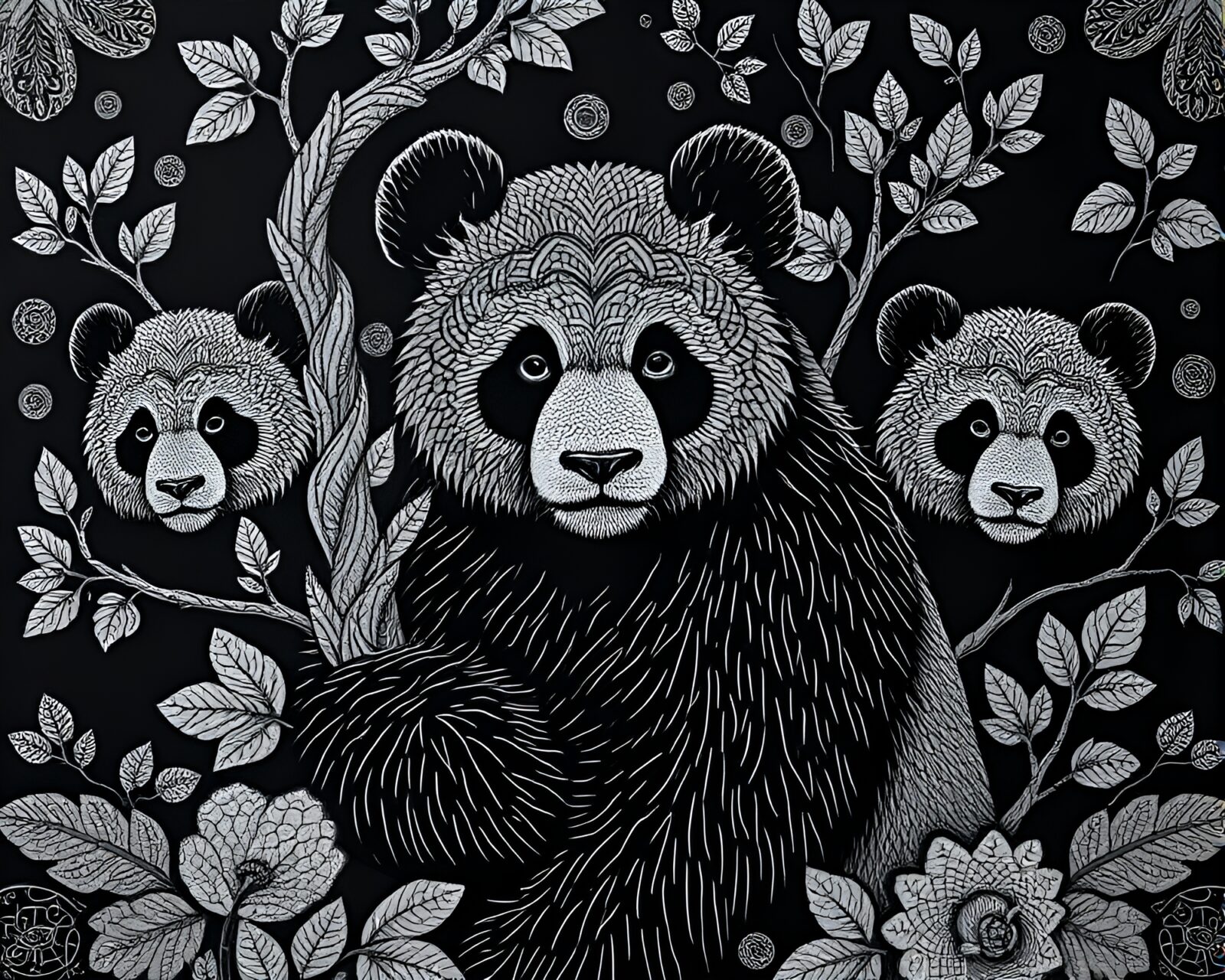 Detailed fantasy artwork of panda with intricate utopian patterns