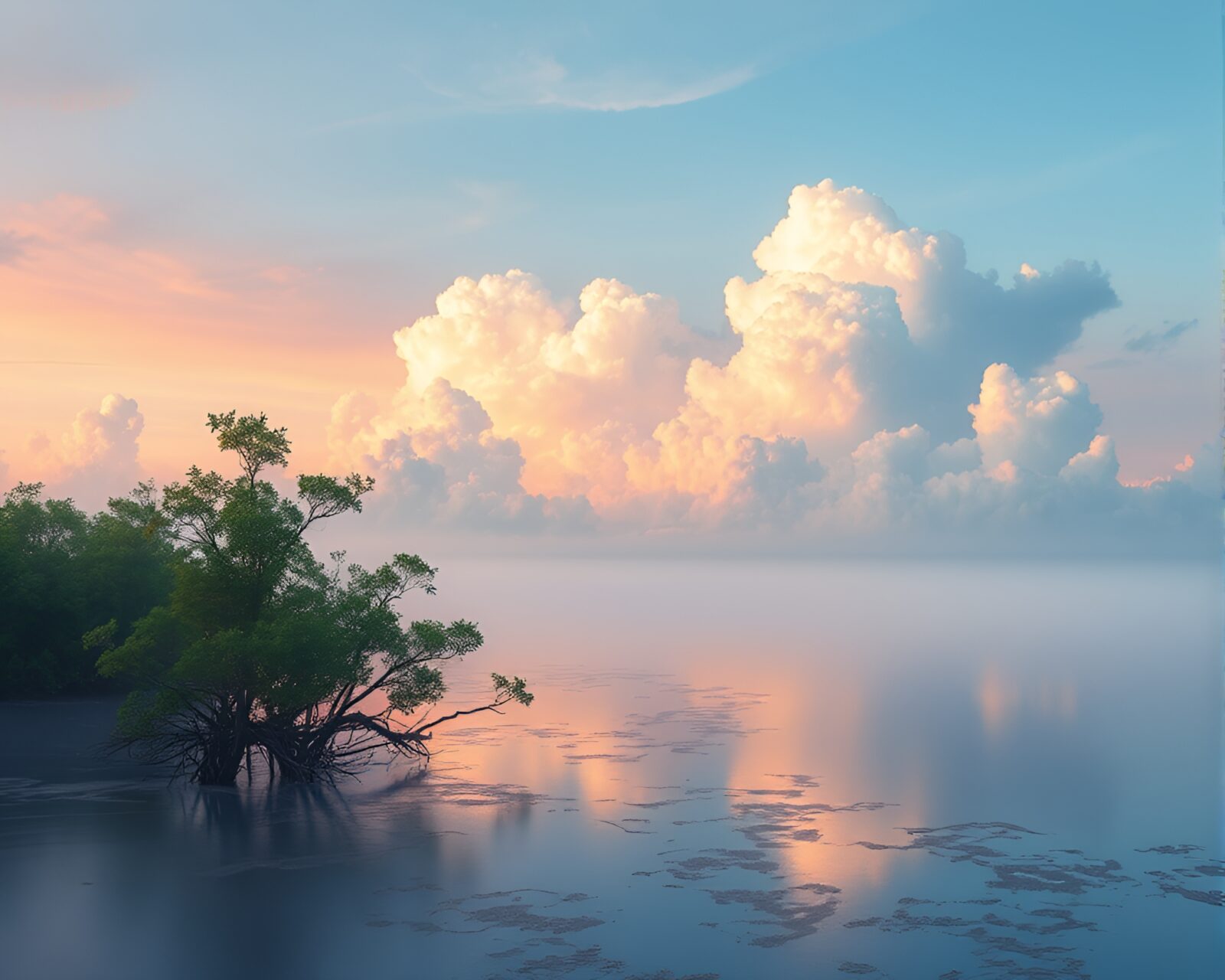 Pastel gradient clouds above graphic novel mangrove swamp