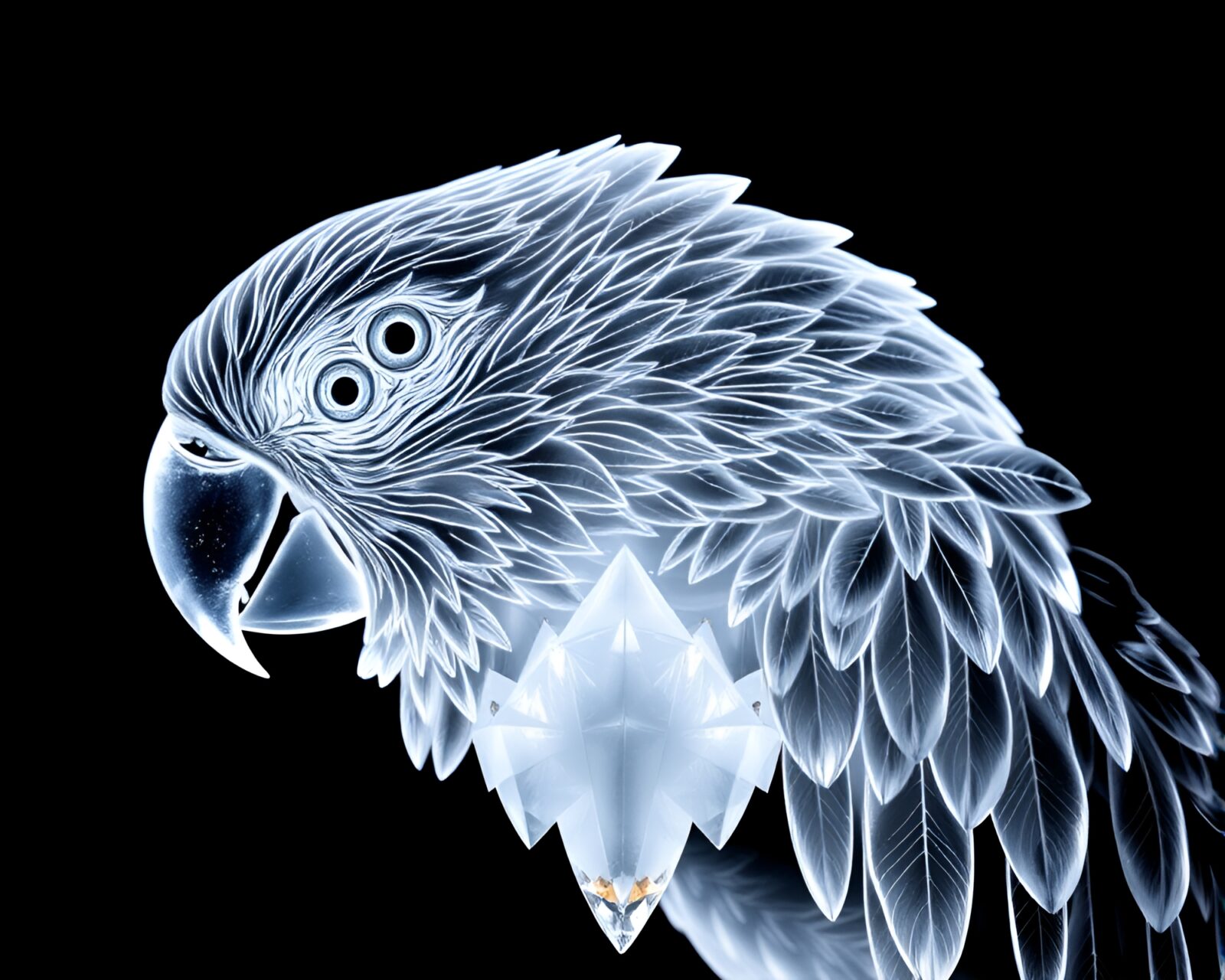 Detailed engraving of a vibrant tropical parrot in crystal clarity