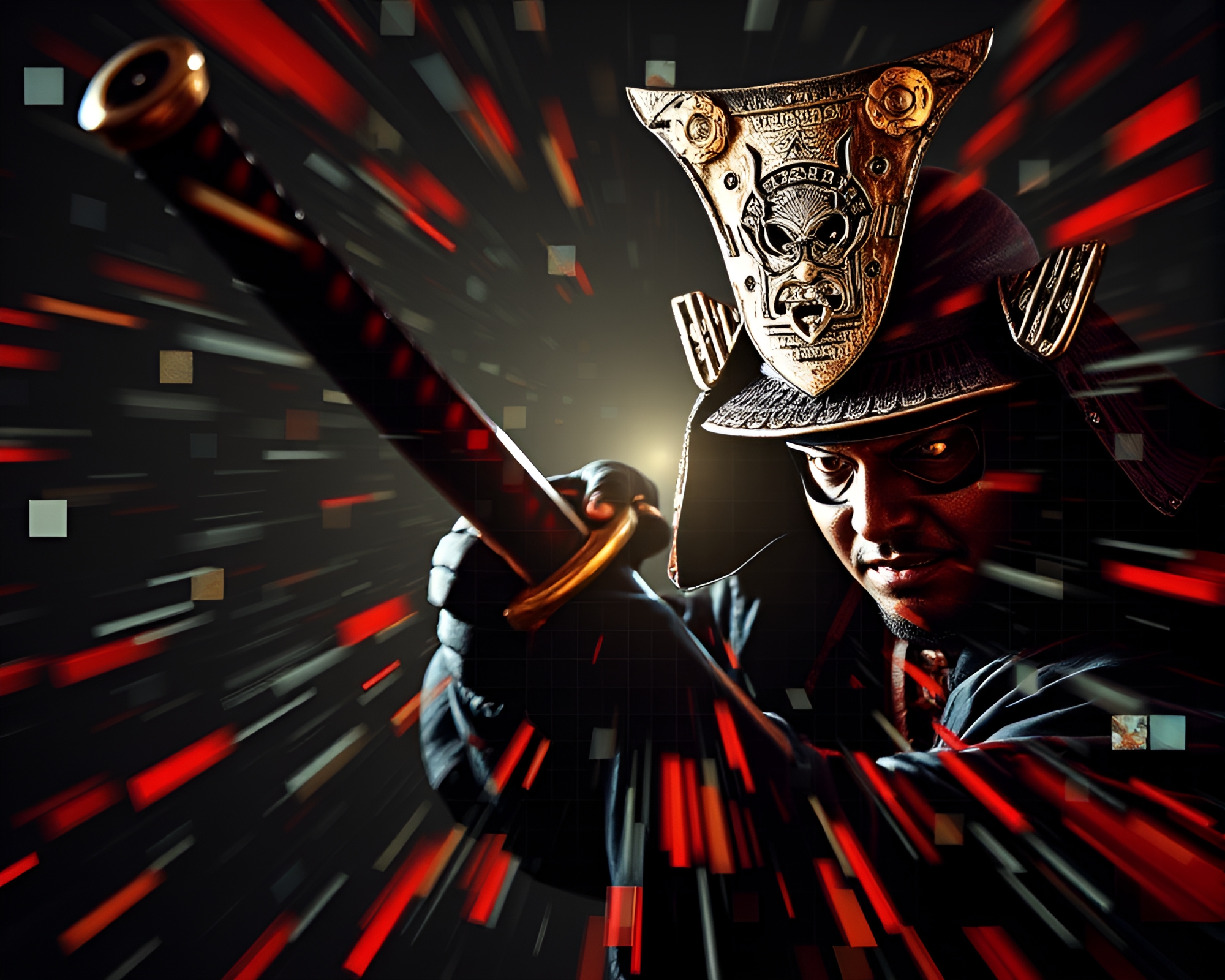 Samurai warrior in motion with sword under lens vignette – free AI stock image