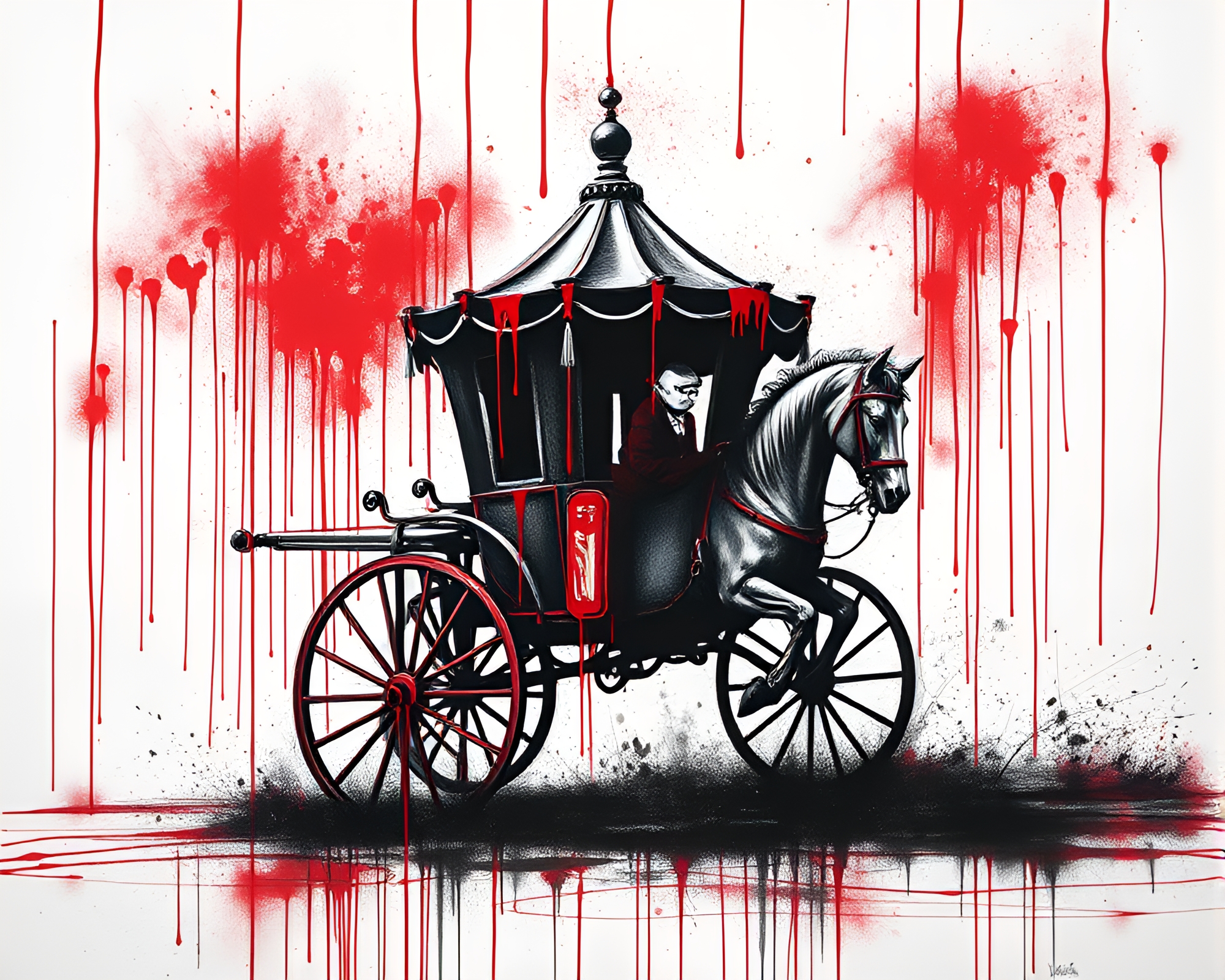 Splattered Chariot: Monochrome Red Line Art – free AI stock image