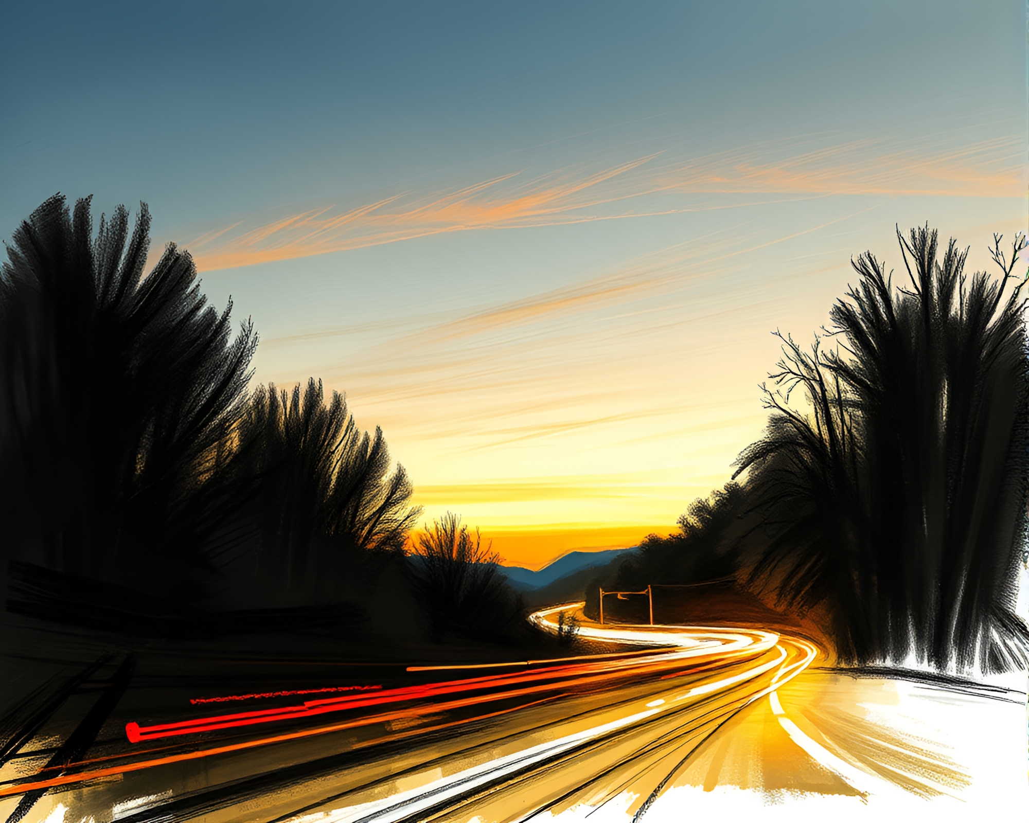 Sous Rature Charcoal Sketch of Dusk Car Light Trails – free AI stock image