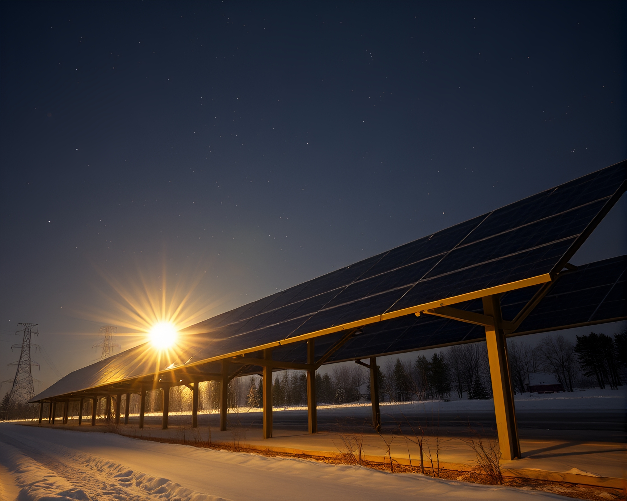 Snowy Solar Panel Array Long Exposure Portrait – free AI stock image