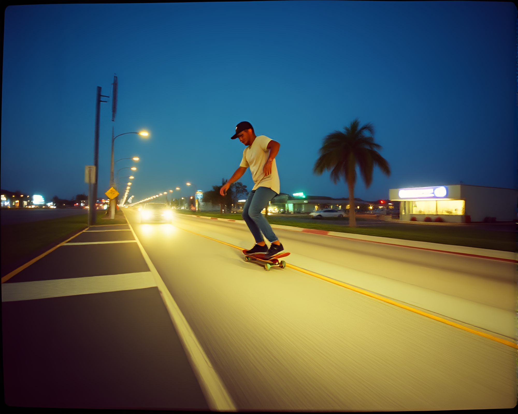 Urban Hoverboard Adventure in Expired Film Light – free AI stock image