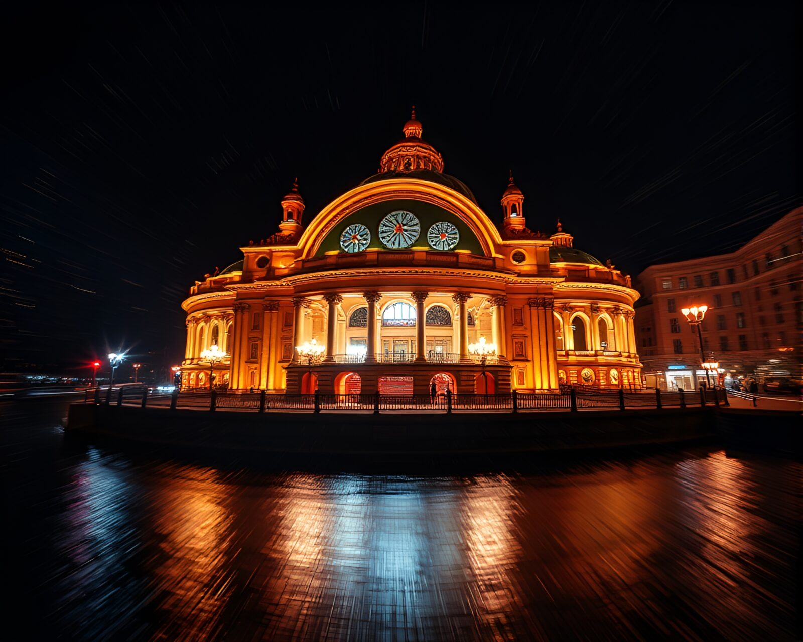 Dimly lit opera house with swirling lens distortion effect