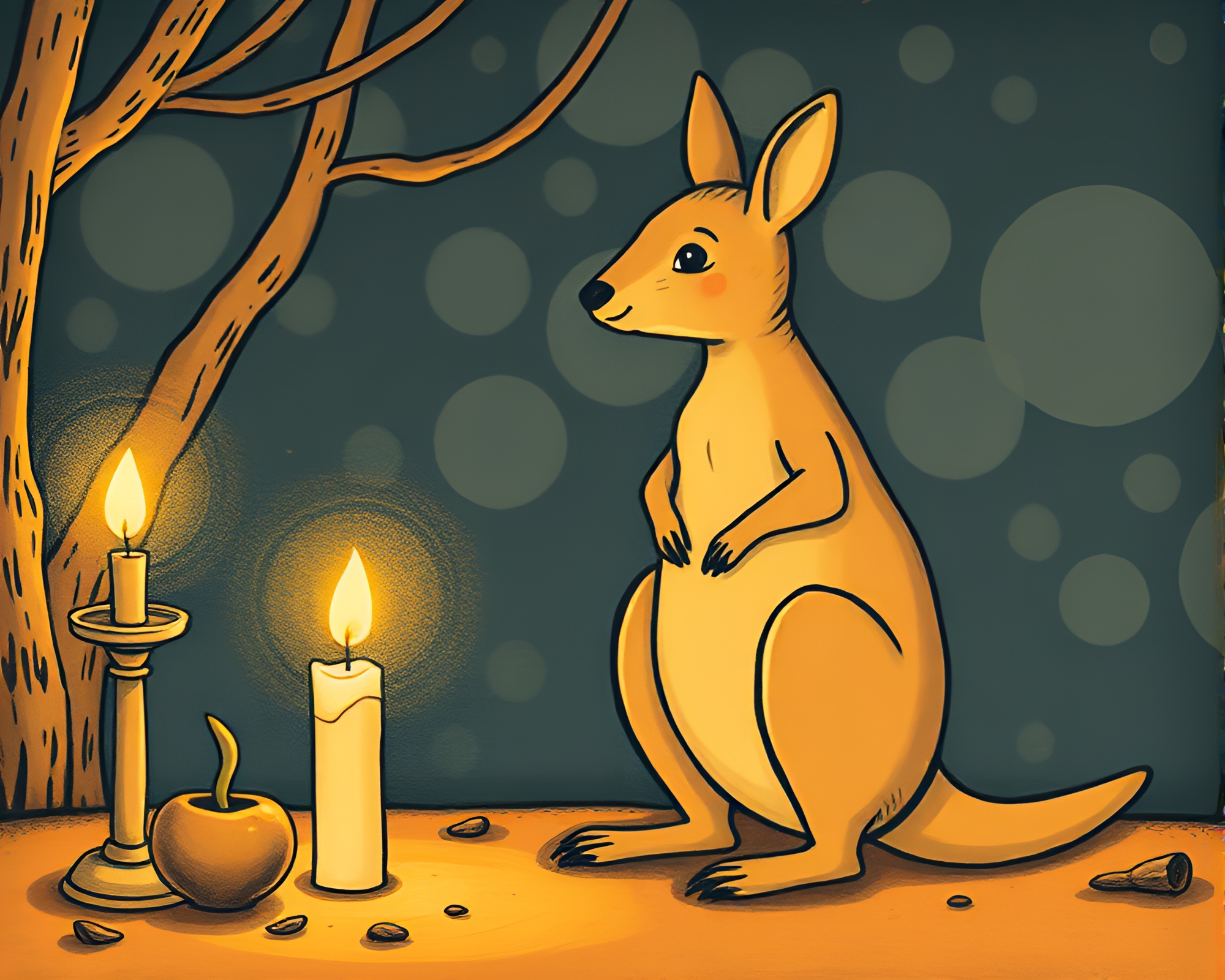 Kangaroo Woodblock Print in Candlelit Children’s Book Style – free AI stock image