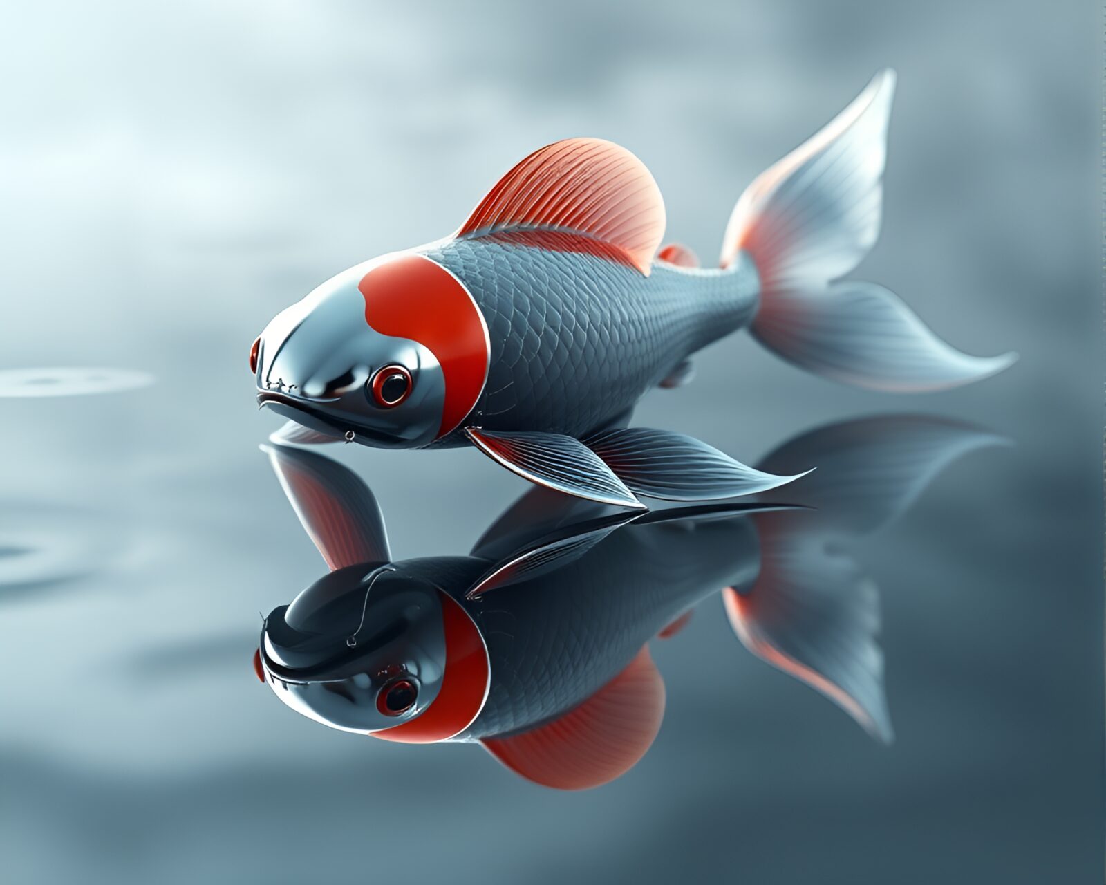 Ethereal mist envelops high-poly 3D rendered koi fish
