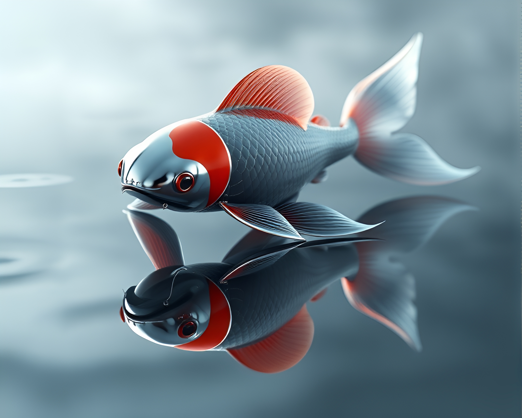 Koi Fish Pond Reflection in Chrome Mist – free AI stock image