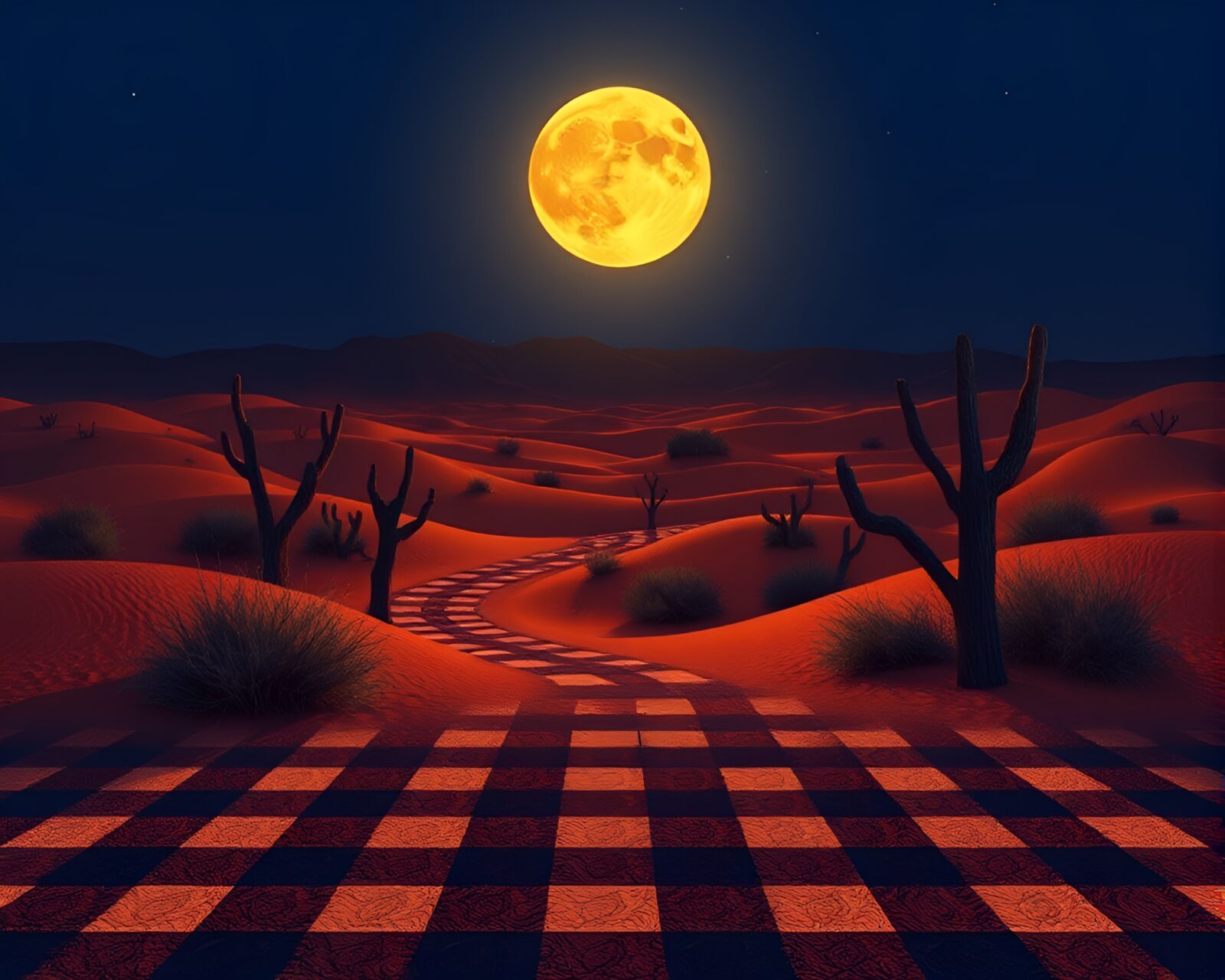 Checkered bio-organic designs stretch across moonlit desert landscape