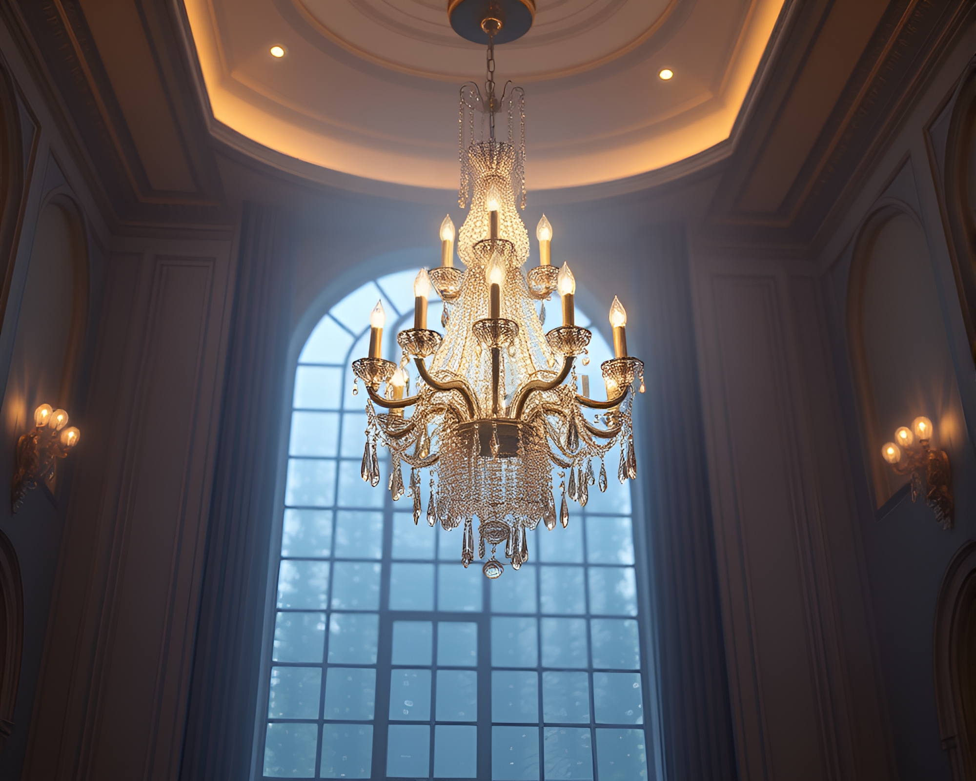 Intricate Crystal Chandelier in Halftone Grid Architectural Rendering – free AI stock image