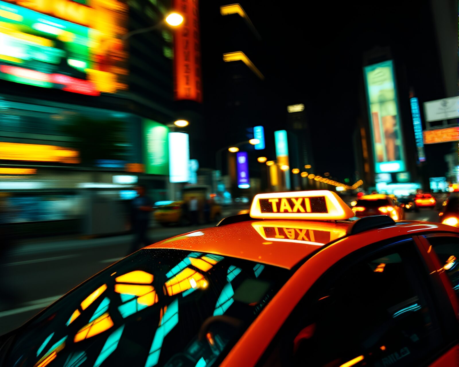 Futuristic taxi speeding amidst digital fractals and hologram effects