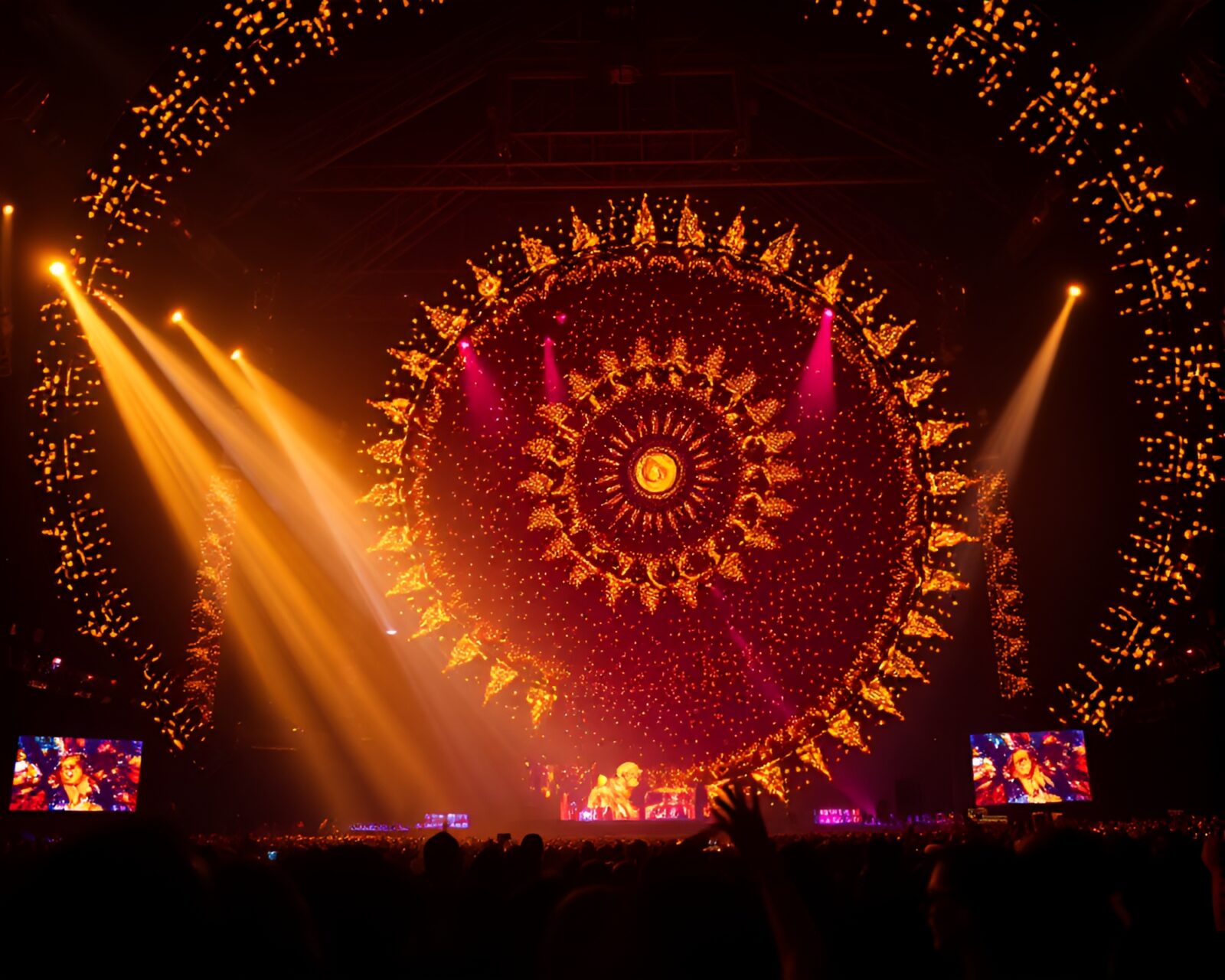 Majestic unicorn on stage with glowing spiral lights