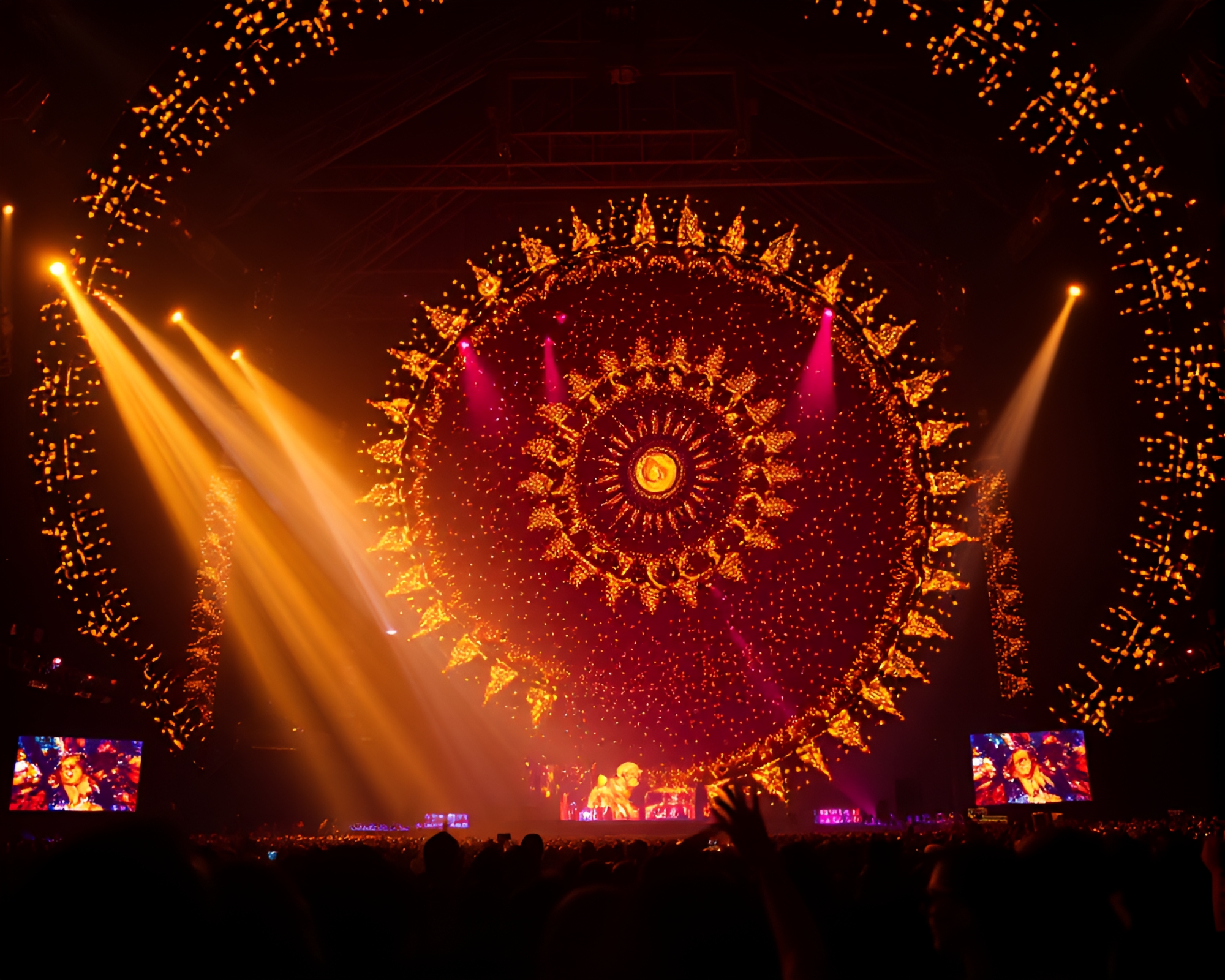 Enchanted Unicorn Concert under Golden Spiral Lights – free AI stock image