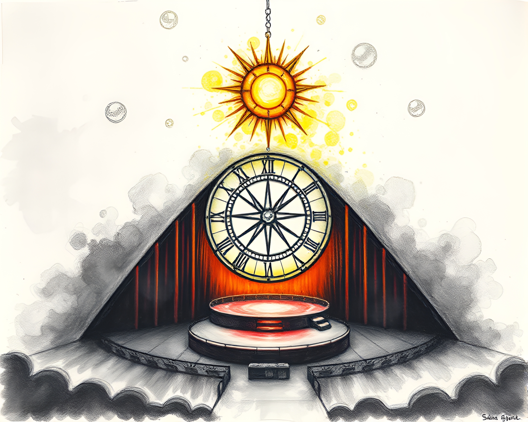 Fractal Pocket Sundial on Concert Stage with Conté Crayon Style – free AI stock image