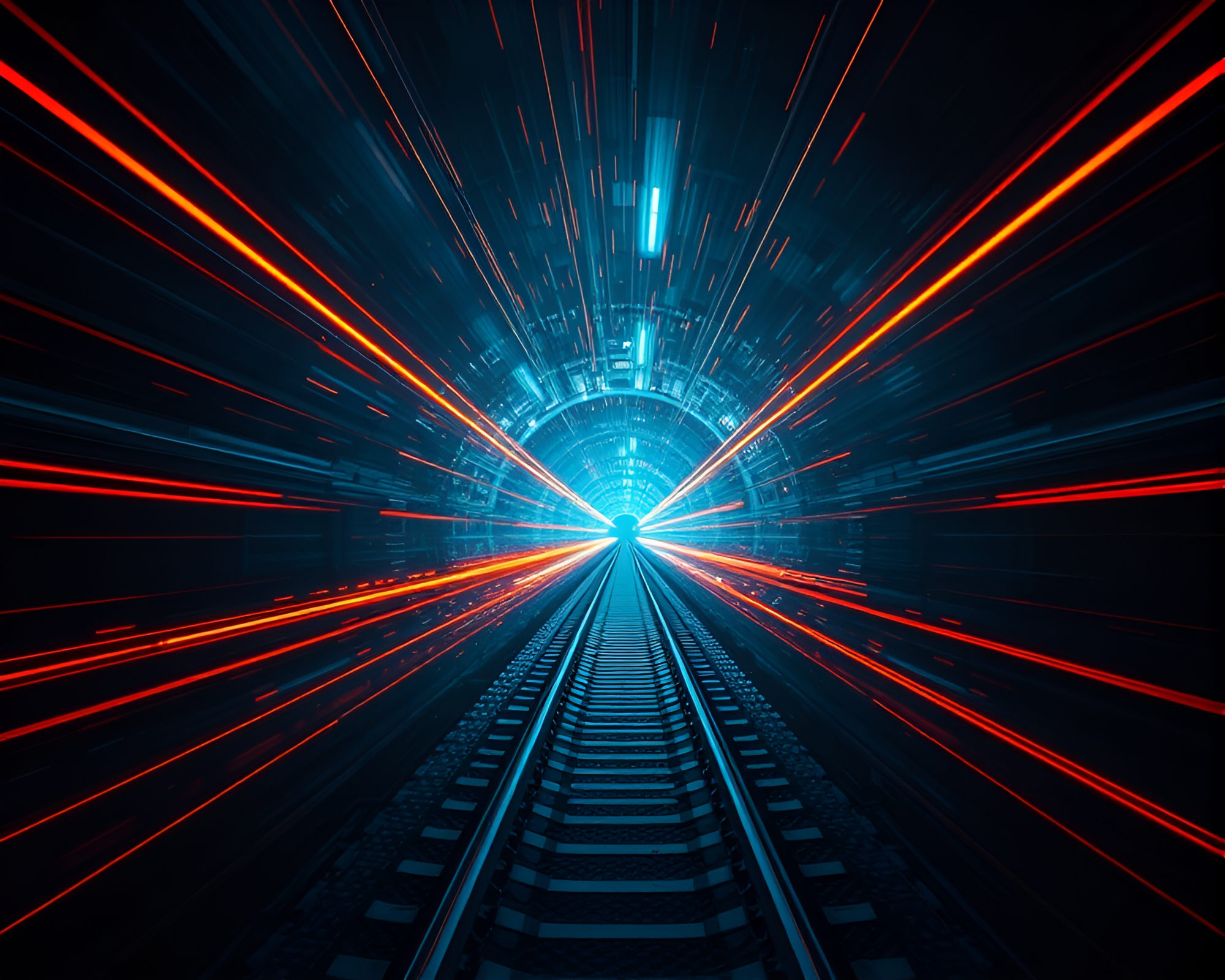 Interdimensional Travel: Train Light Trails through Multiverse Portal – free AI stock image