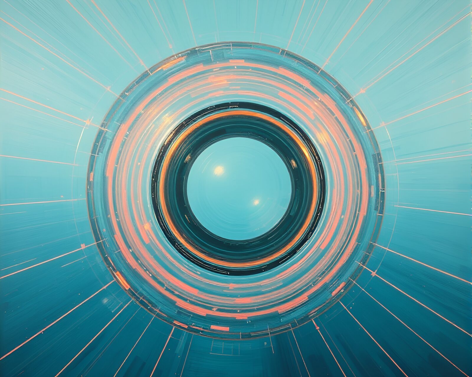 Ethereal oil painting of quantum teleportation device in turquoise hues