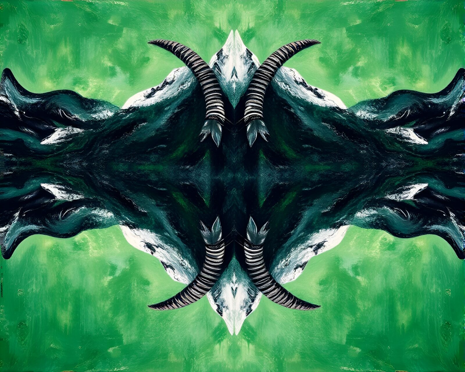 A majestic mountain goat with emerald highlights in impasto style