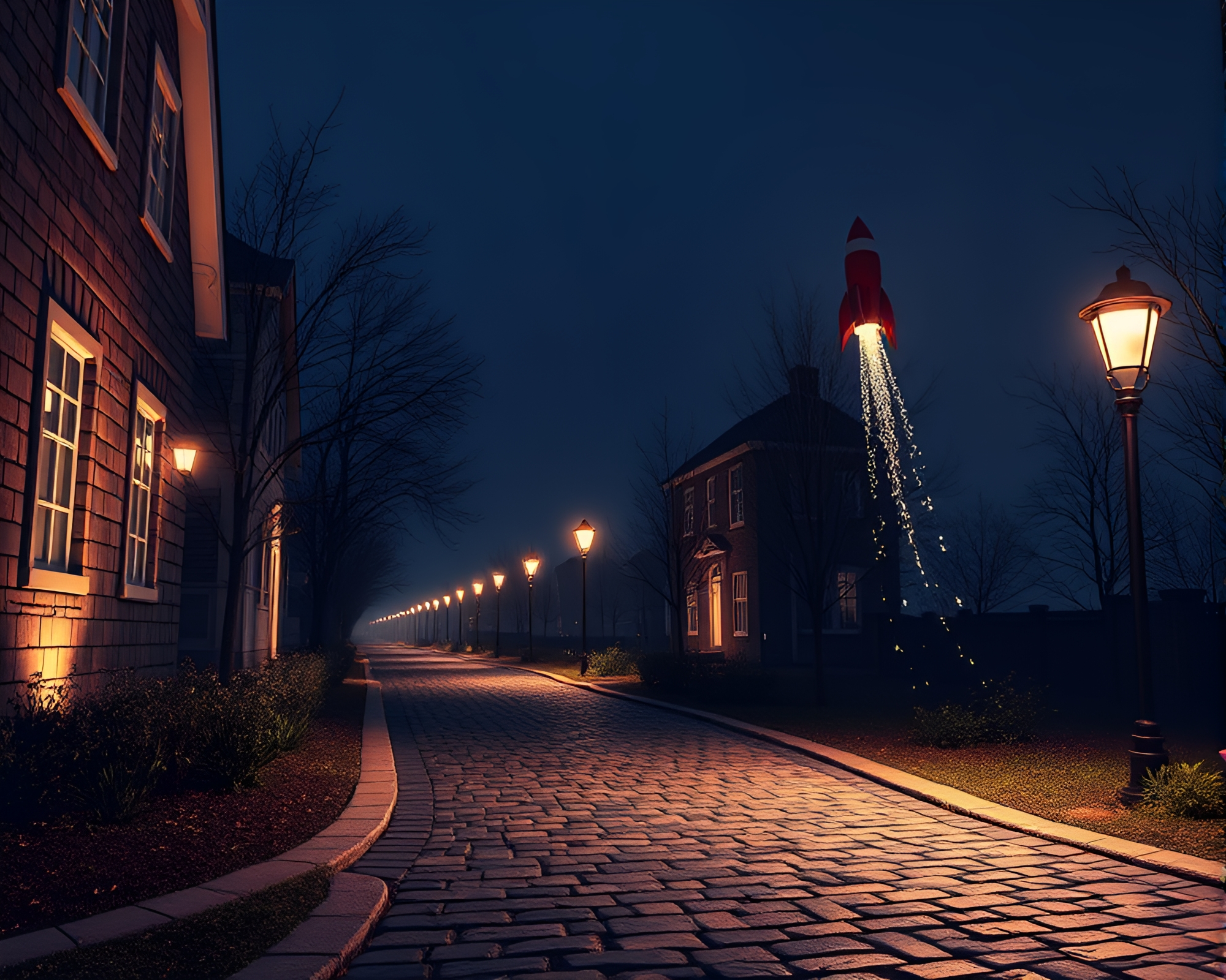 Rocket-themed Architectural Rendering with Cobblestone Path – free AI stock image
