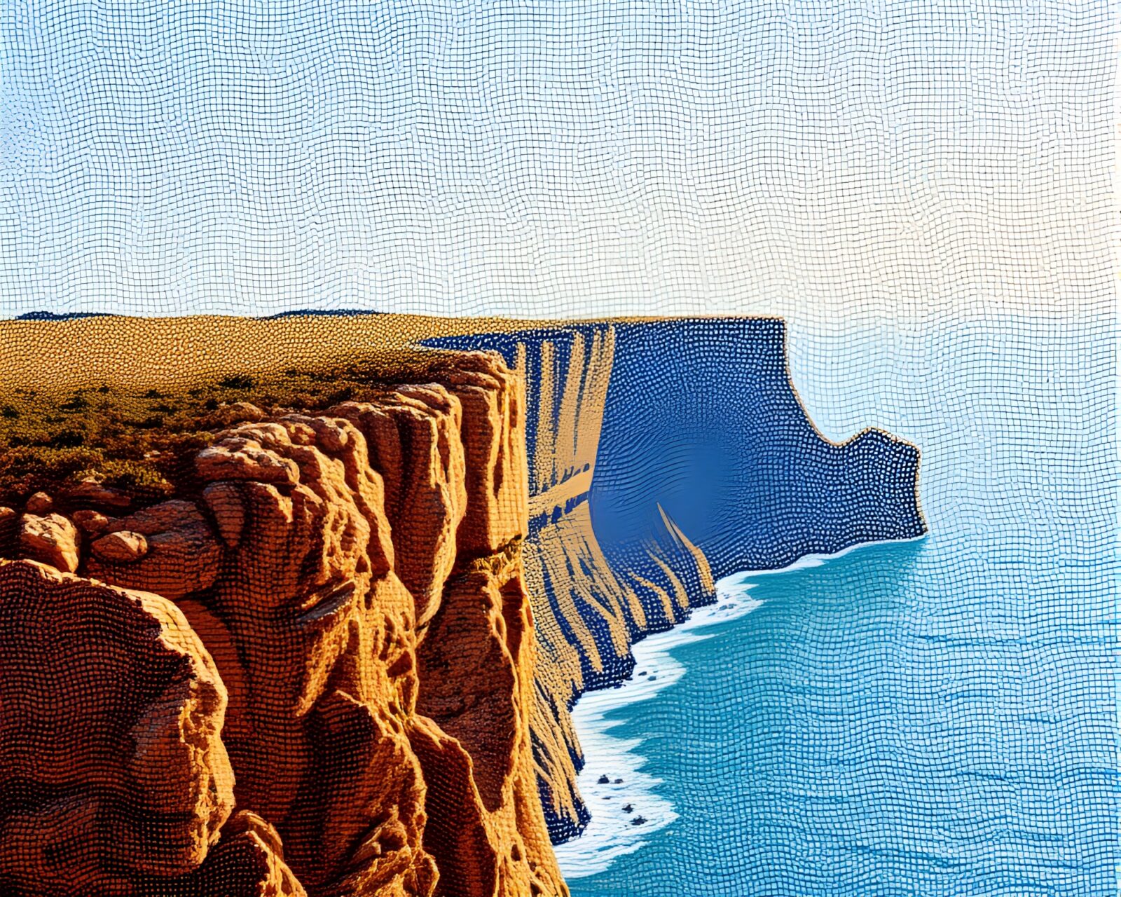 Surreal landscape of cliff with intricate beadwork under light leaks