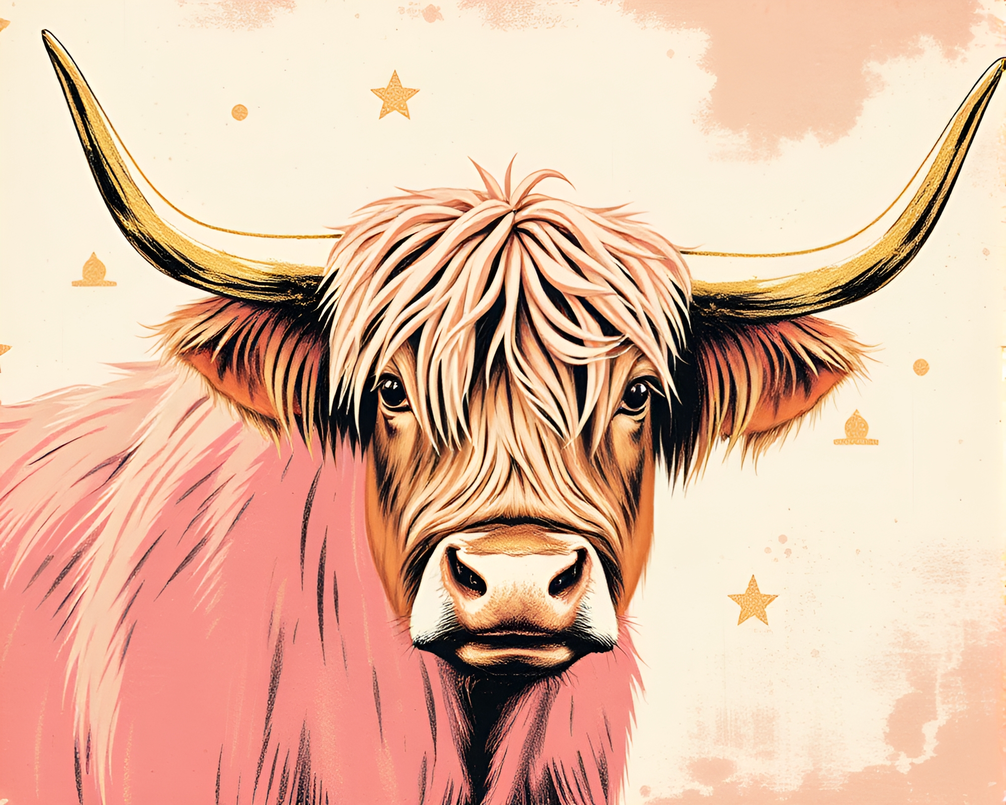 Highland Cow in Rose Gold Woodcut Print – free AI stock image