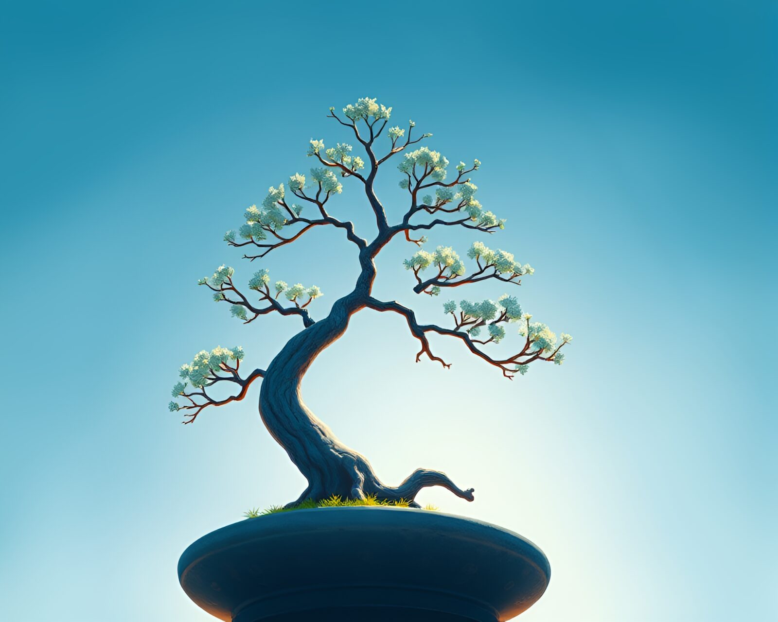Low-angle shot of whimsical steel-blue lit bonsai tree