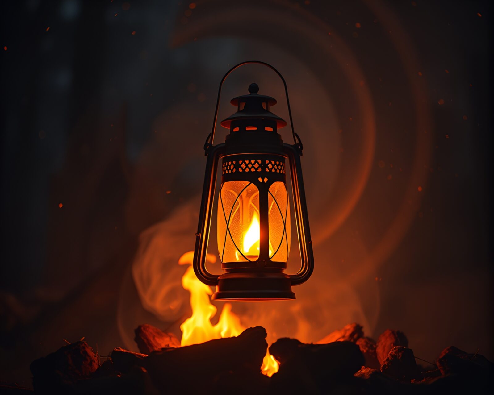 Surreal neon-lit oil lantern amidst swirling spiral flames