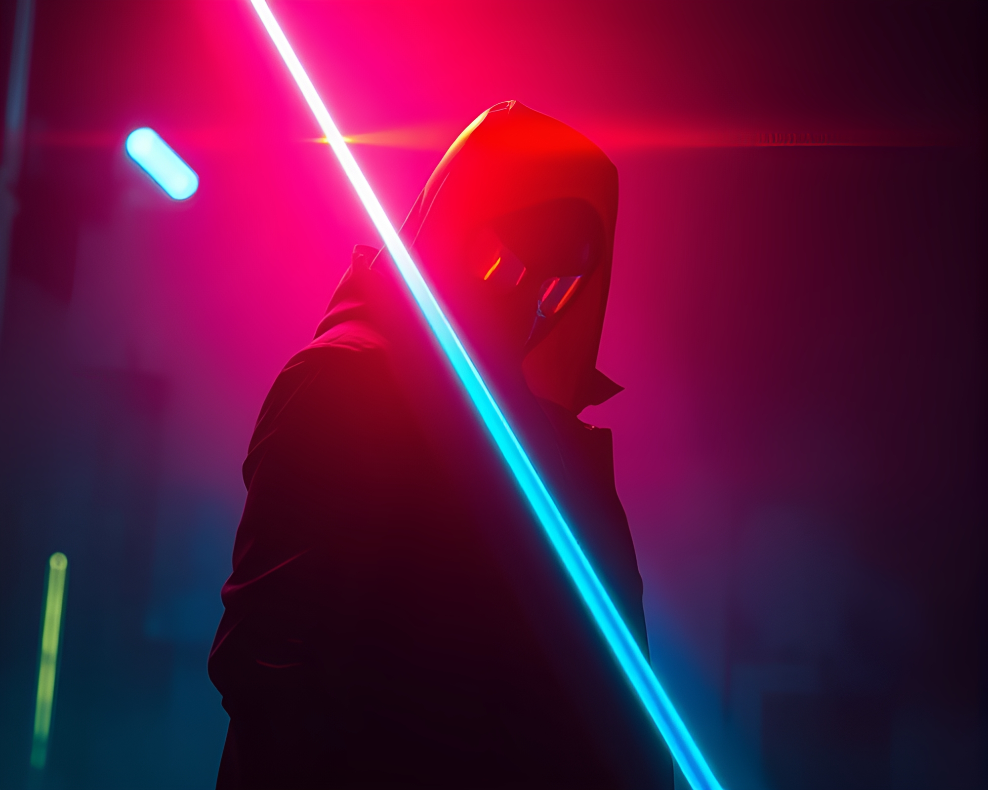 Cyberpunk Vigilante in Triadic Laser Beam Silhouette – free AI stock image