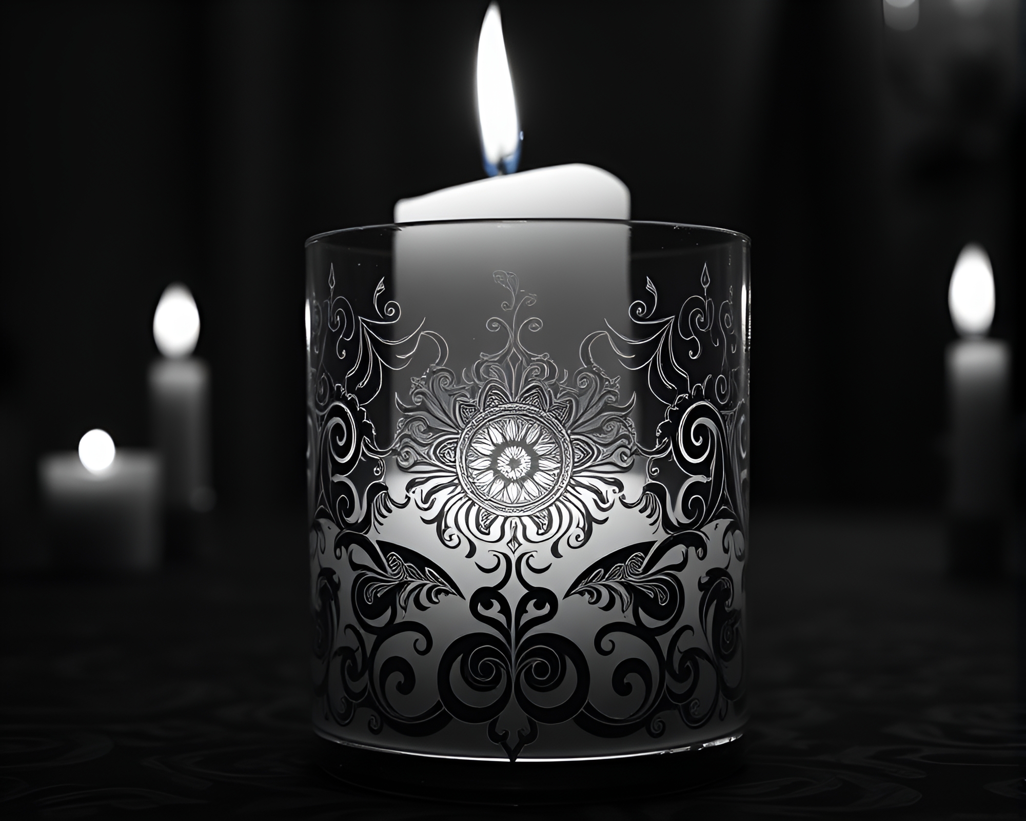 Optical Illusion Engraved Details Candlelit Black and White Art – free AI stock image