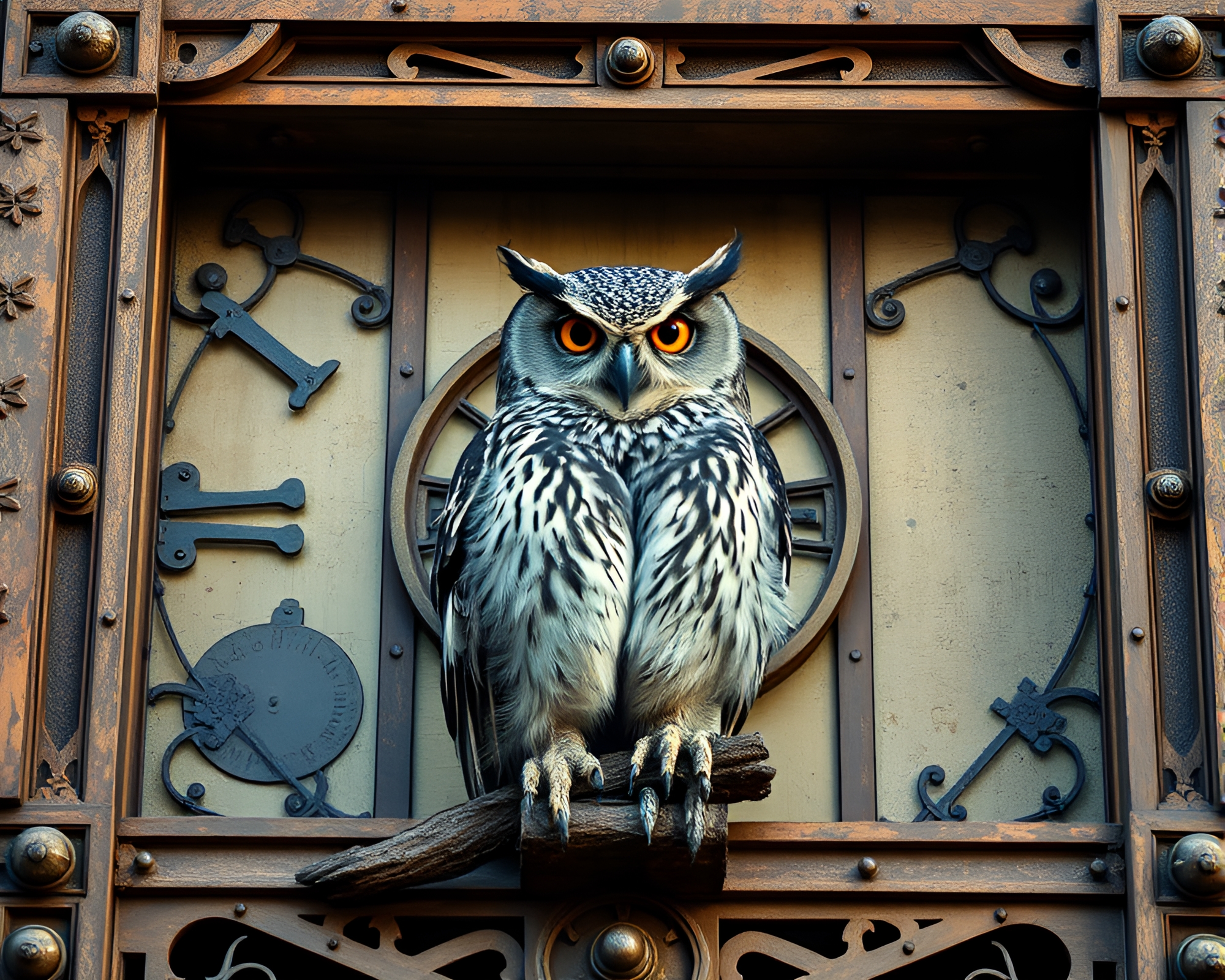 Clockwork Owl in Retro Architectural Frame Illustration – free AI stock image
