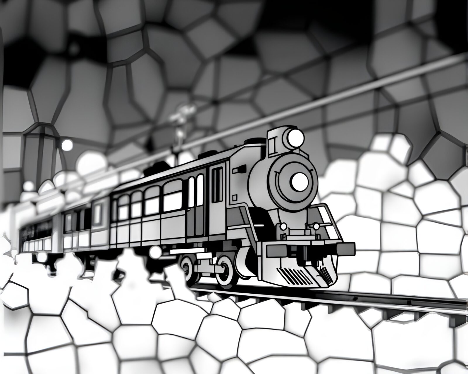 Futuristic train floating through gray city in stained glass colors