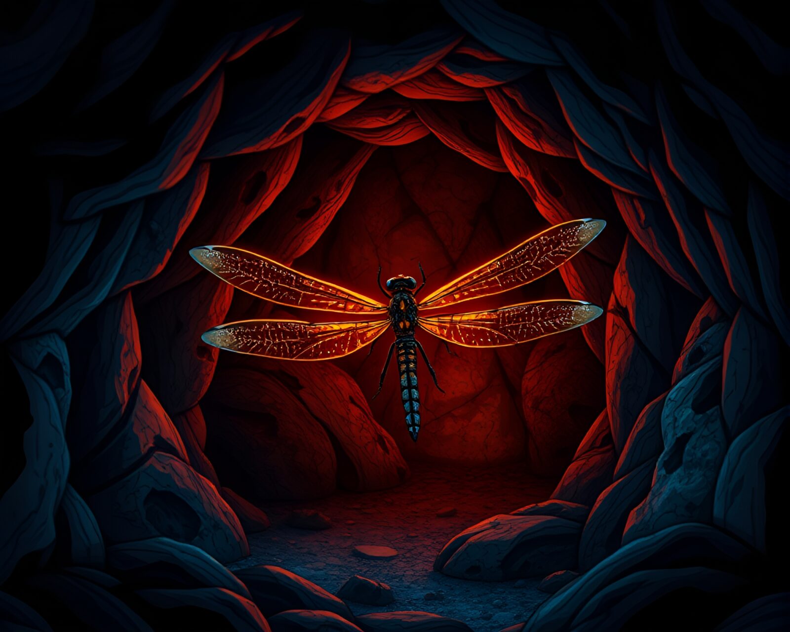 Mystical dragonfly surrounded by fiber optic lights in darkness