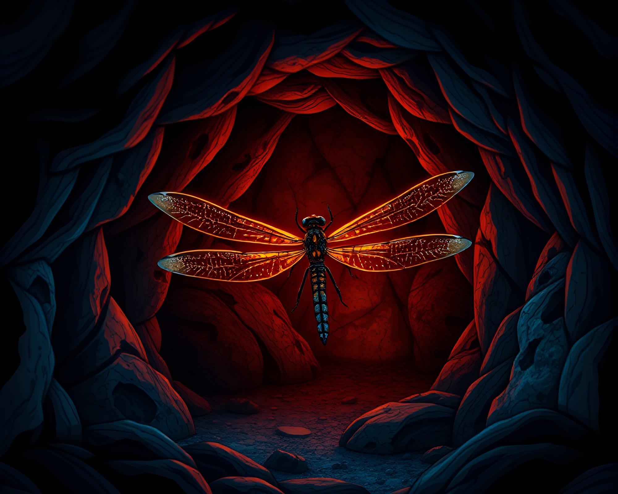 Ethereal Dragonfly in the Cave Shadows – free AI stock image
