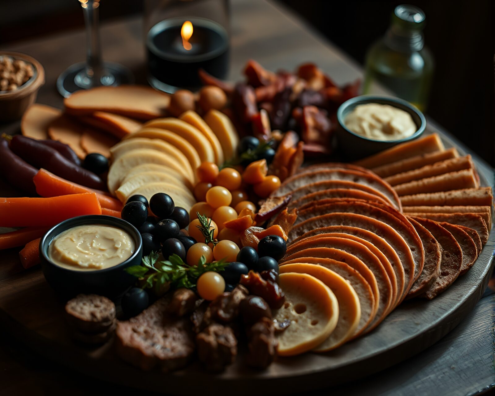 A moody film noir scene showcasing an elaborate charcuterie board