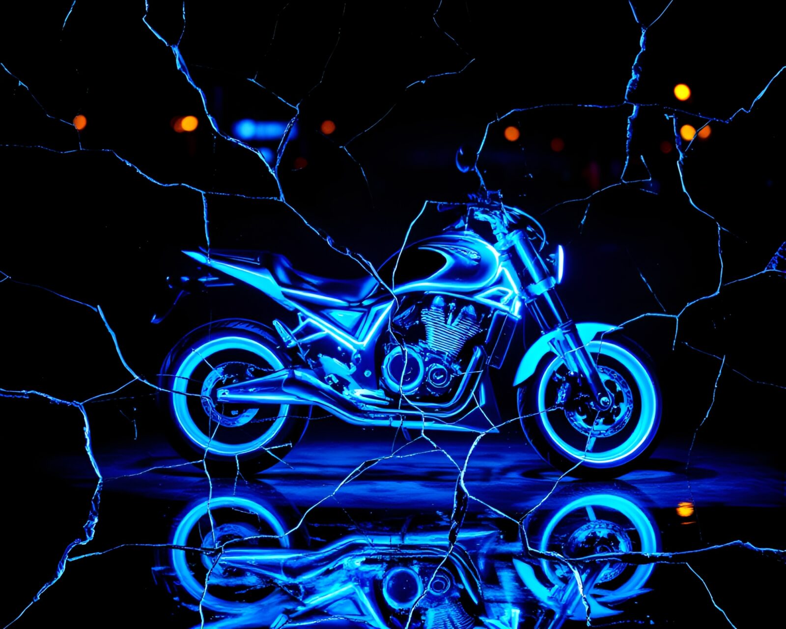 Vibrant cobalt blue neon motorcycle reflecting on ice crack