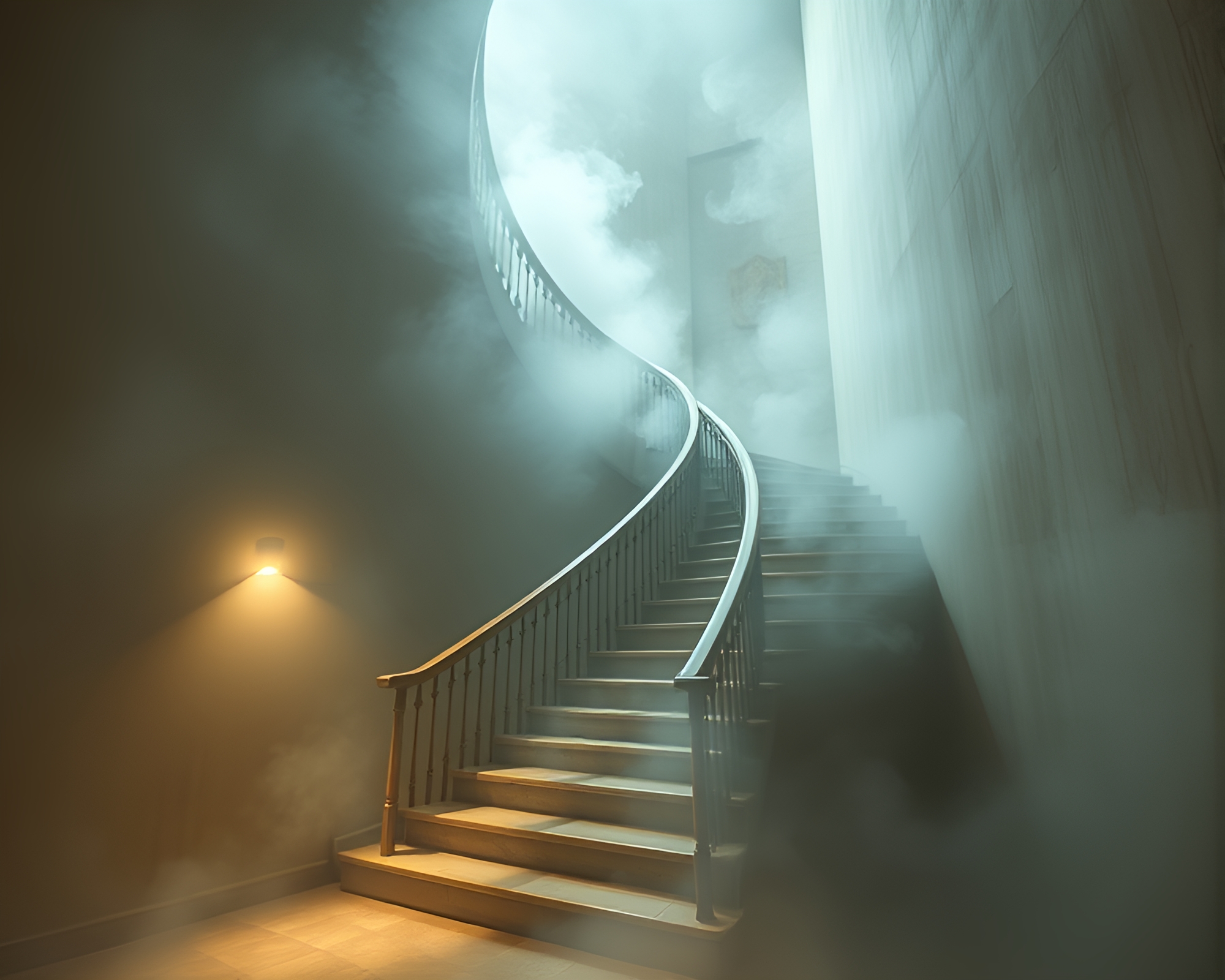 Surreal Escher Staircase with Steam Vapor and Dust Motes – free AI stock image