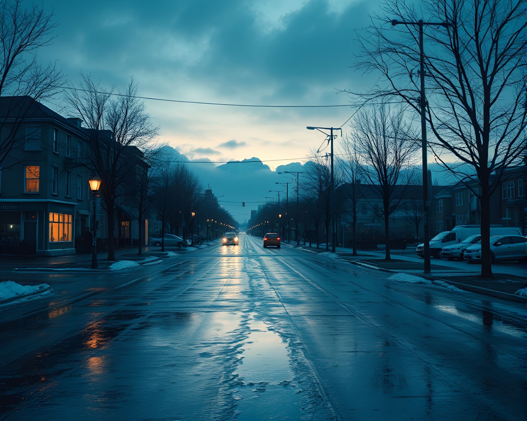 Augmented Reality Reflections on Wet Pavement in Polar Twilight – free AI stock image